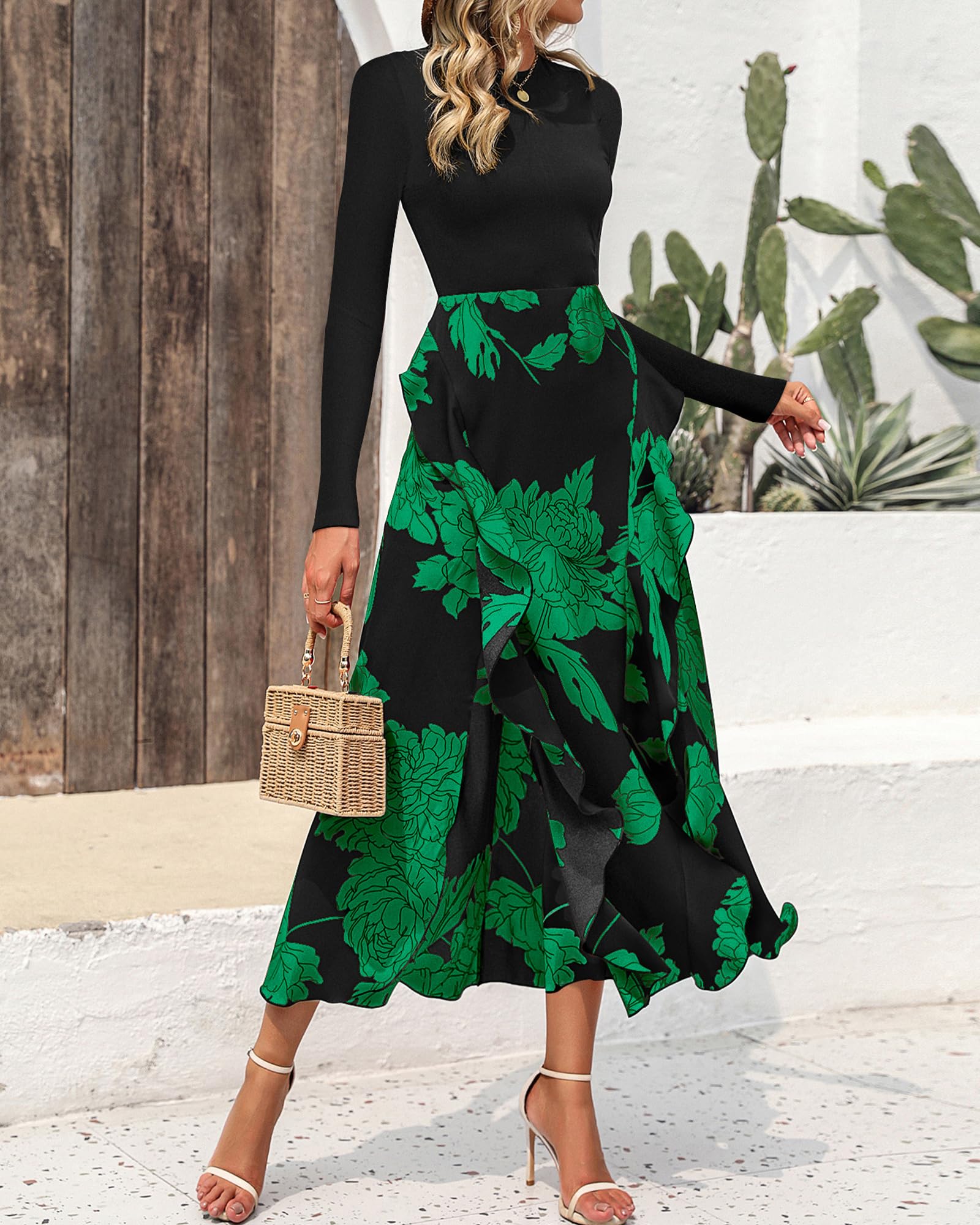 BTFBM Womens Floral Maxi Dress Fall 2025 Casual Crewneck Long Sleeve Ruffle Flowy Cocktail Wedding Guest Dresses