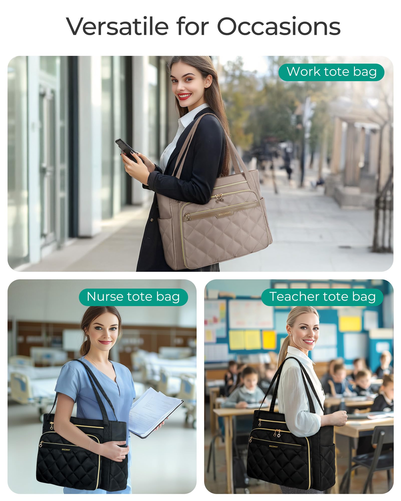 BAGSMART Teacher Tote Bag for Women 15.6in Quilted with Insulated Pocket & Nurse Bag Features (Black)