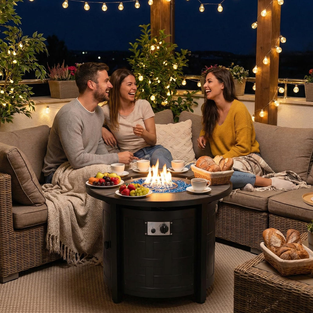 TLGREEN Propane Fire Pit Table 30 Inch Round – 50,000 BTU Outdoor Fire Pit with Lid, Converts to Patio Coffee Table, Certified, Includes Waterproof Cover & Blue Fire Glass(Grey)