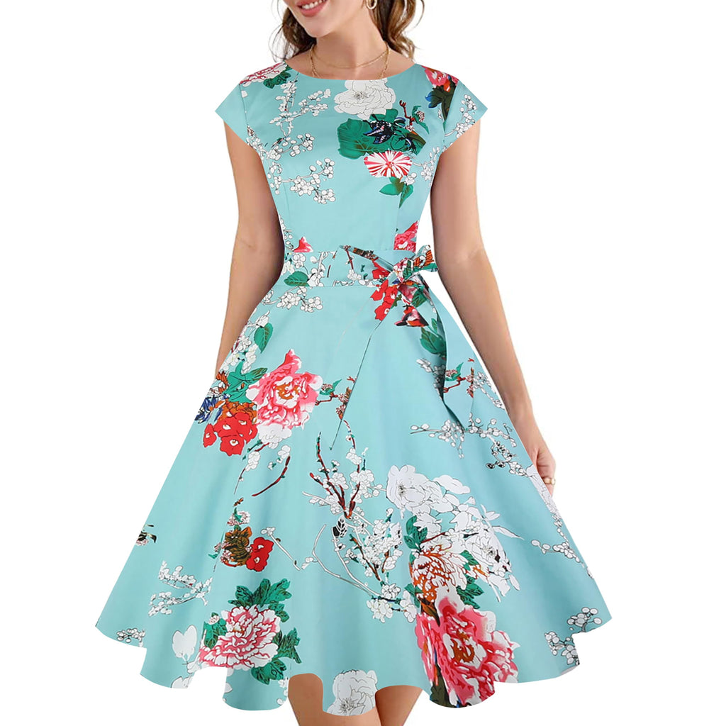 PUKAVT Women's 1950 Boatneck Cap Sleeve Vintage Swing Cocktail Party Dress with Pockets