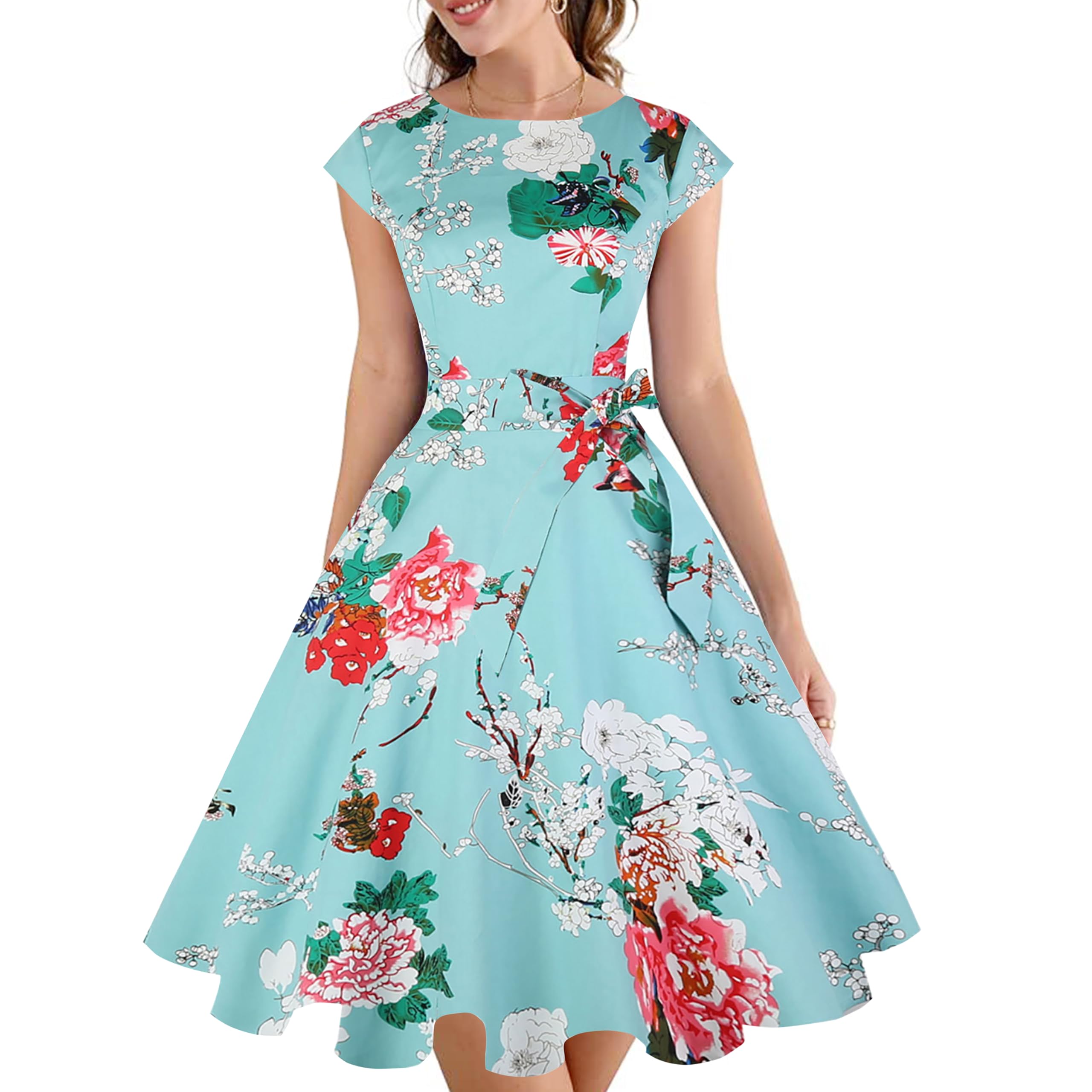 PUKAVT Women's 1950 Boatneck Cap Sleeve Vintage Swing Cocktail Party Dress with Pockets