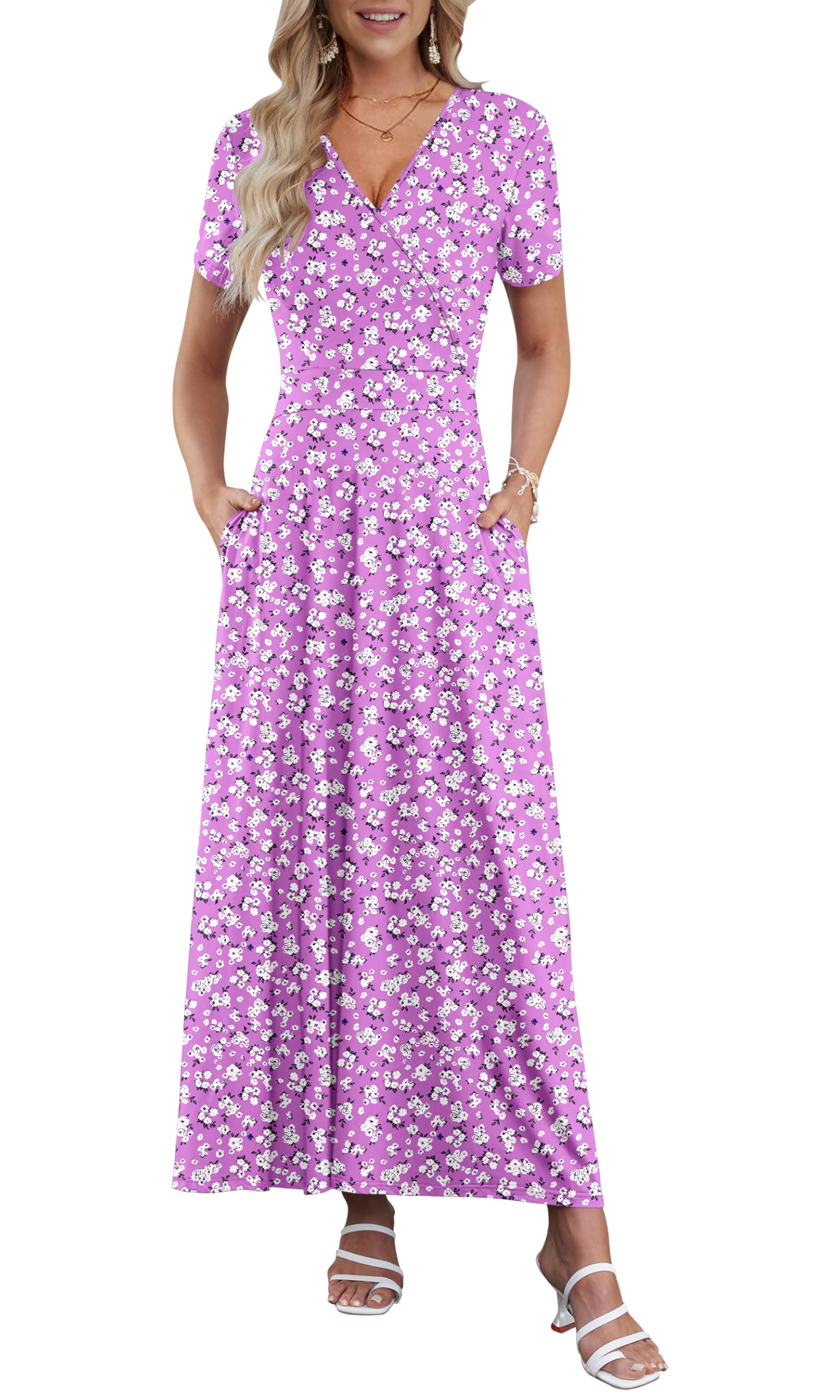 AUSELILY Maxi Dresses for Women Ankle Length Floral Print Beach Long Flowy Dress with Pockets