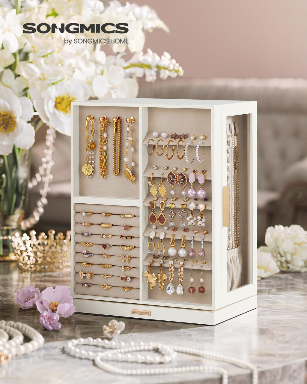 SONGMICS GISELLA Collection - Jewelry Box Organizer 360° Rotating, Vertical Jewelry Storage Case with 5 Drawers, Glass Window, Spacious, Open Design, Great Gift, Cloud White UJBC170W01