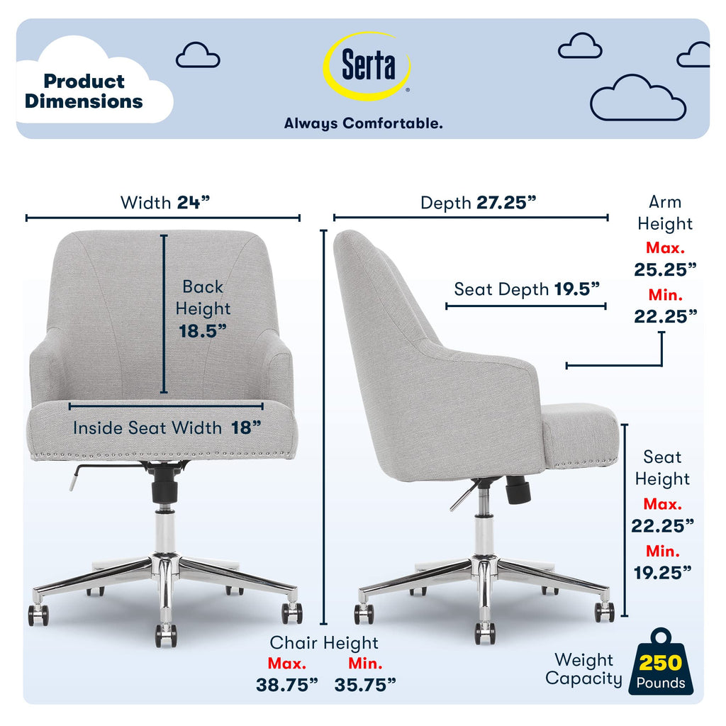 Serta Scarlett Modern Office Chair, Pleated and Curved Mid-Back Desk Chair, Pocket Coil Seat Cushion, Padded Armrests, Vanity Armchair with Wheels, Swivel Gold Base, Beige Velvet Fabric