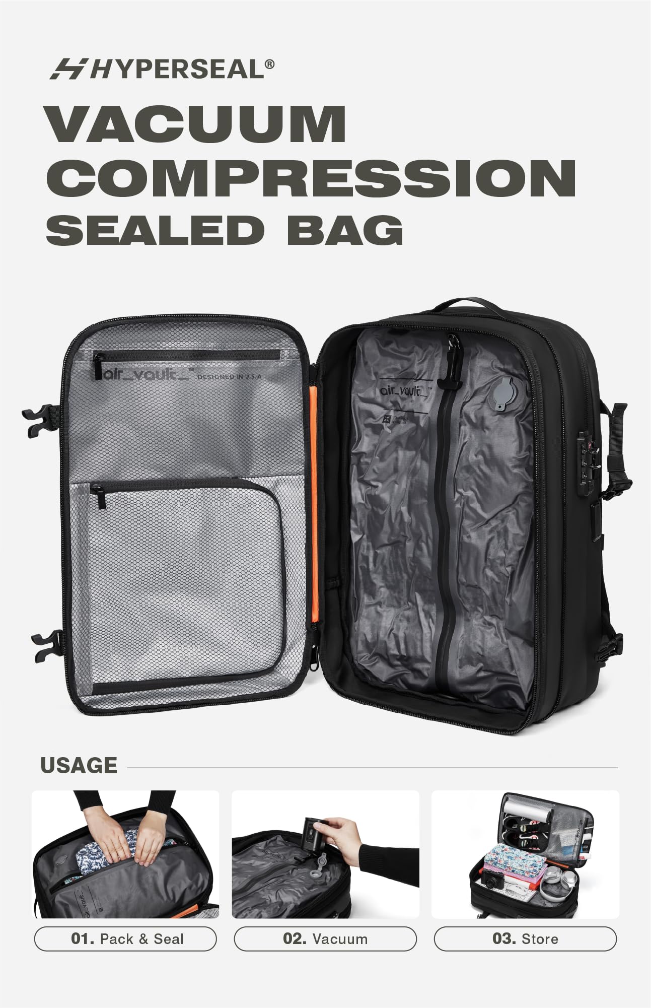 AirVault Vacuum Seal Travel Backpack 60L with Expandable HyperSeal Air Compression Vacuum System Water Resistant TSA Lock (Vacuum Pump Included, Black, 60L)