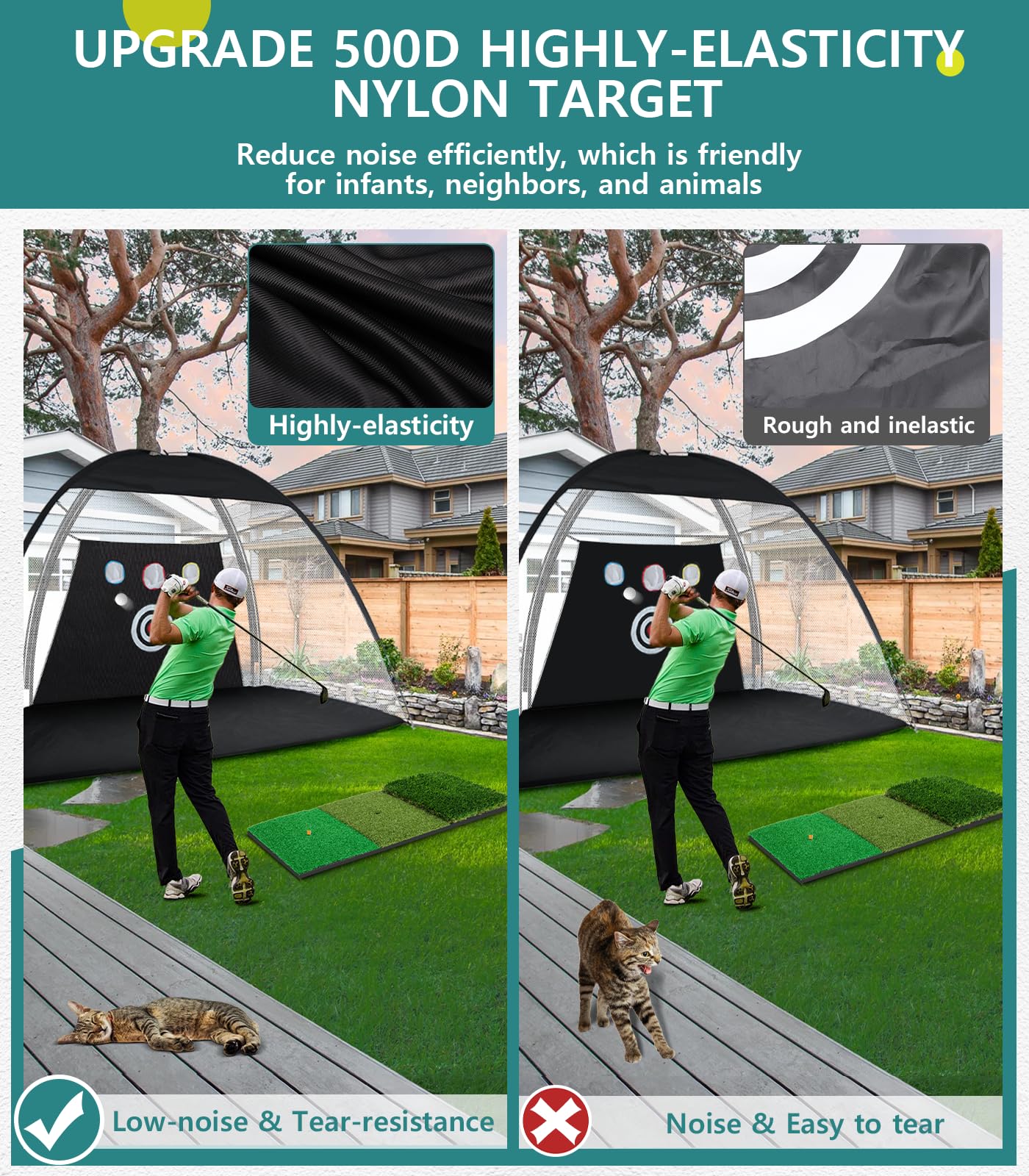 Golf Net: 10x7FT Golf Practice Net for Backyard Driving, Hitting Net with Tri-Turf Mat, Indoor Training Chipping Aid Nets with Reduce Noise Nylon Target, Gifts for Men/Dad/Him