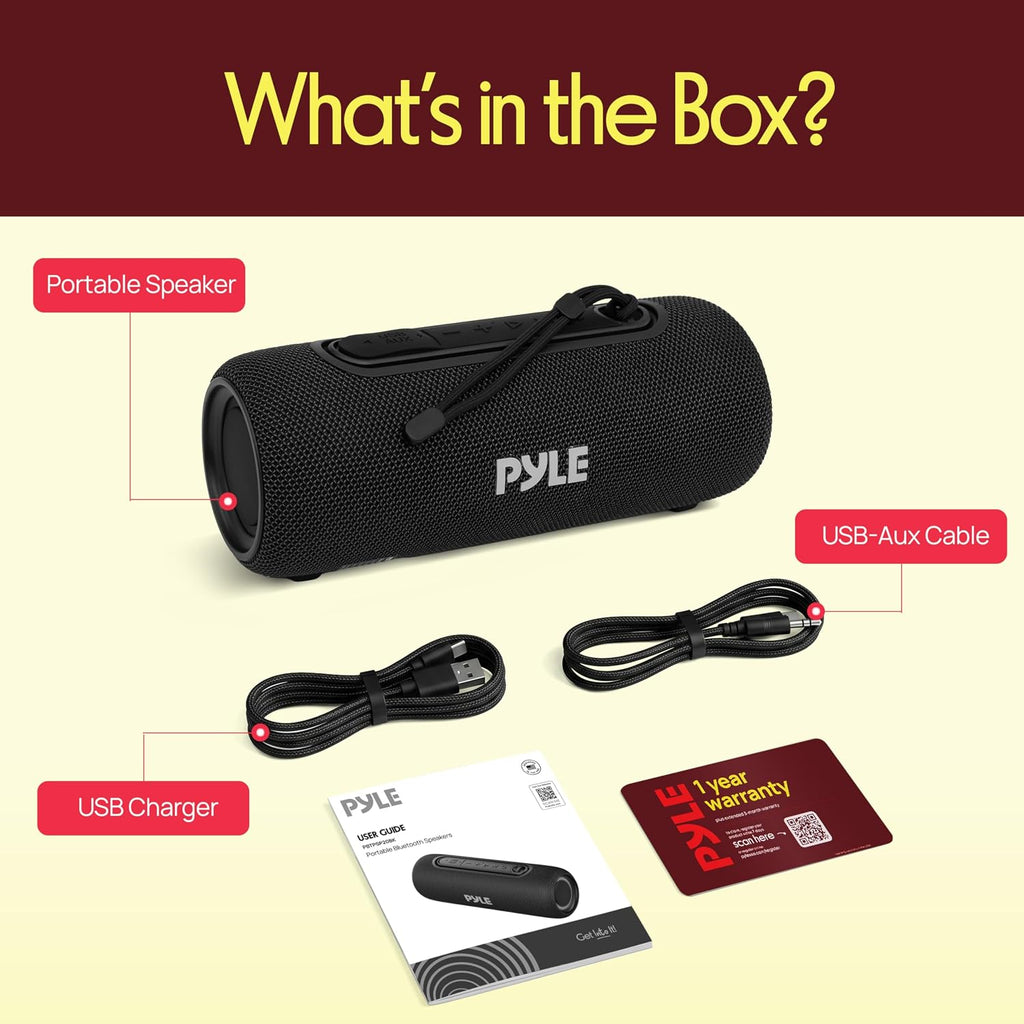 Pyle Portable Bluetooth Speaker - IPX5 Waterproof, Multi-Color LED, TWS Stereo Pairing, USB/AUX/FM, 20W Peak Power, 5H Battery, Built-In Mic, Shockproof ABS Design - Outdoor, Travel, Home - PBTPSP20BK