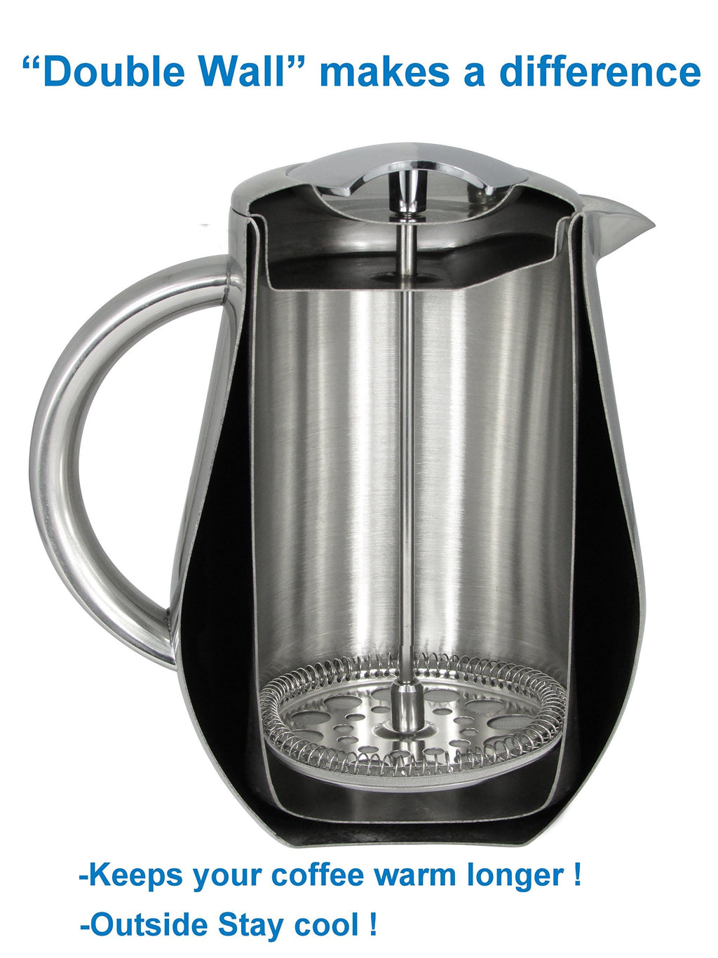 SterlingPro Stainless Steel French Press Coffee Maker 1 L (34 oz) Black – Double Walled Insulated Large Coffee Press, Durable Design Keeps Drinks Hot, Easy to Use and Clean for Rich Flavor Brewing