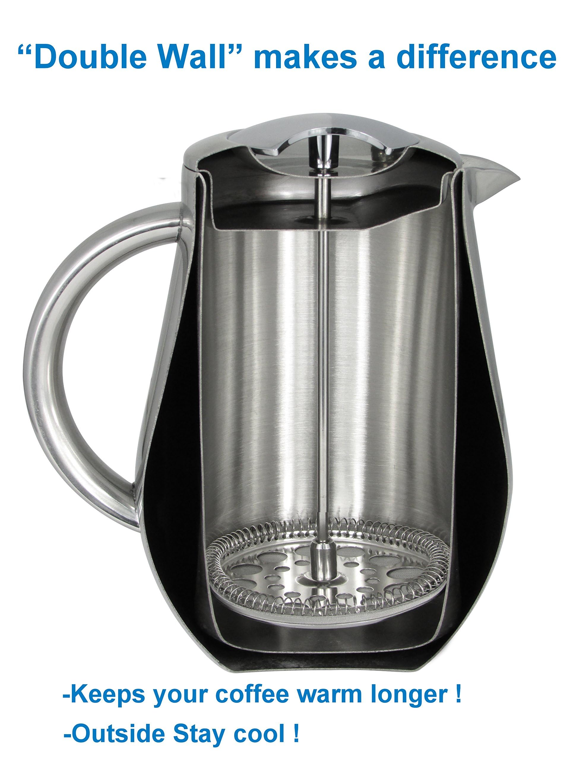 SterlingPro Stainless Steel French Press Coffee Maker 1 L (34 oz) Black – Double Walled Insulated Large Coffee Press, Durable Design Keeps Drinks Hot, Easy to Use and Clean for Rich Flavor Brewing