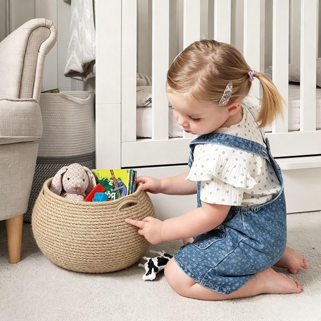 Goodpick Small Rope Storage Basket, Black Round Baskets for Socks, Dog Toys, Towels, Cute Baby Basket for Living Room, Bedroom, Nursery, Towel Baskets for Bathroom, 10 x 8.3 inches