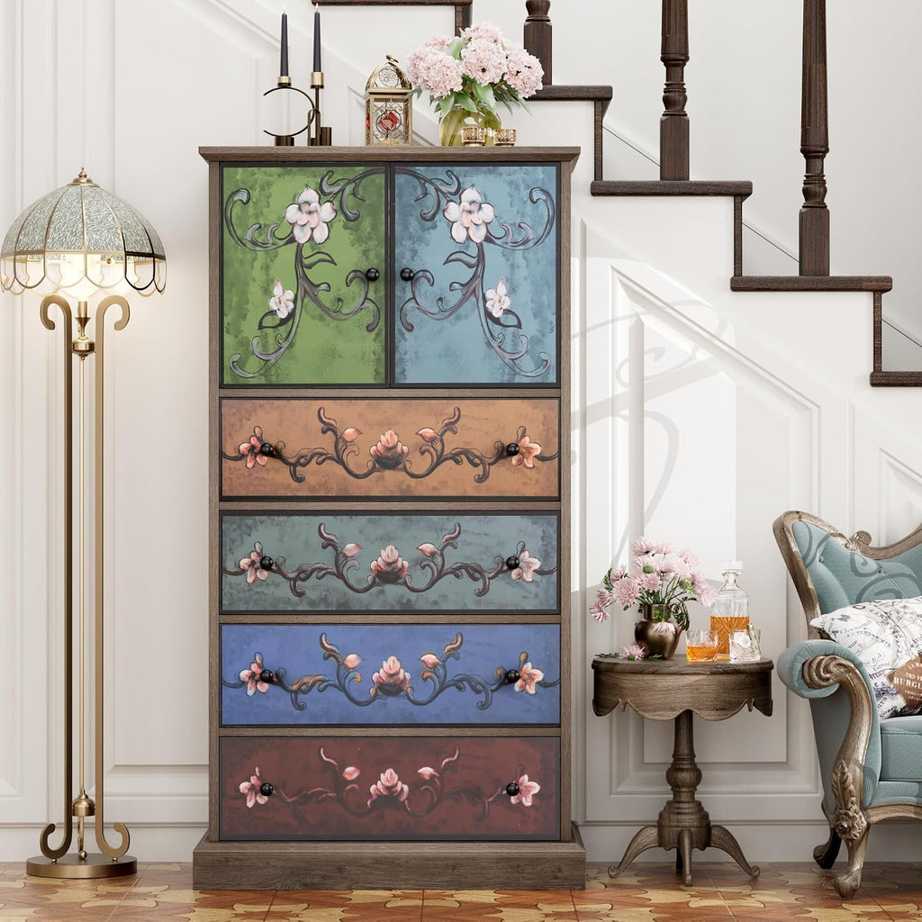 FINETONES 50’’ Tall Dresser, Boho Dresser Vintage Dressers with 4 Drawers and 2 Doors, Wood Chests of Drawers for Home, 16.1D x 23.6W x 50H Inch