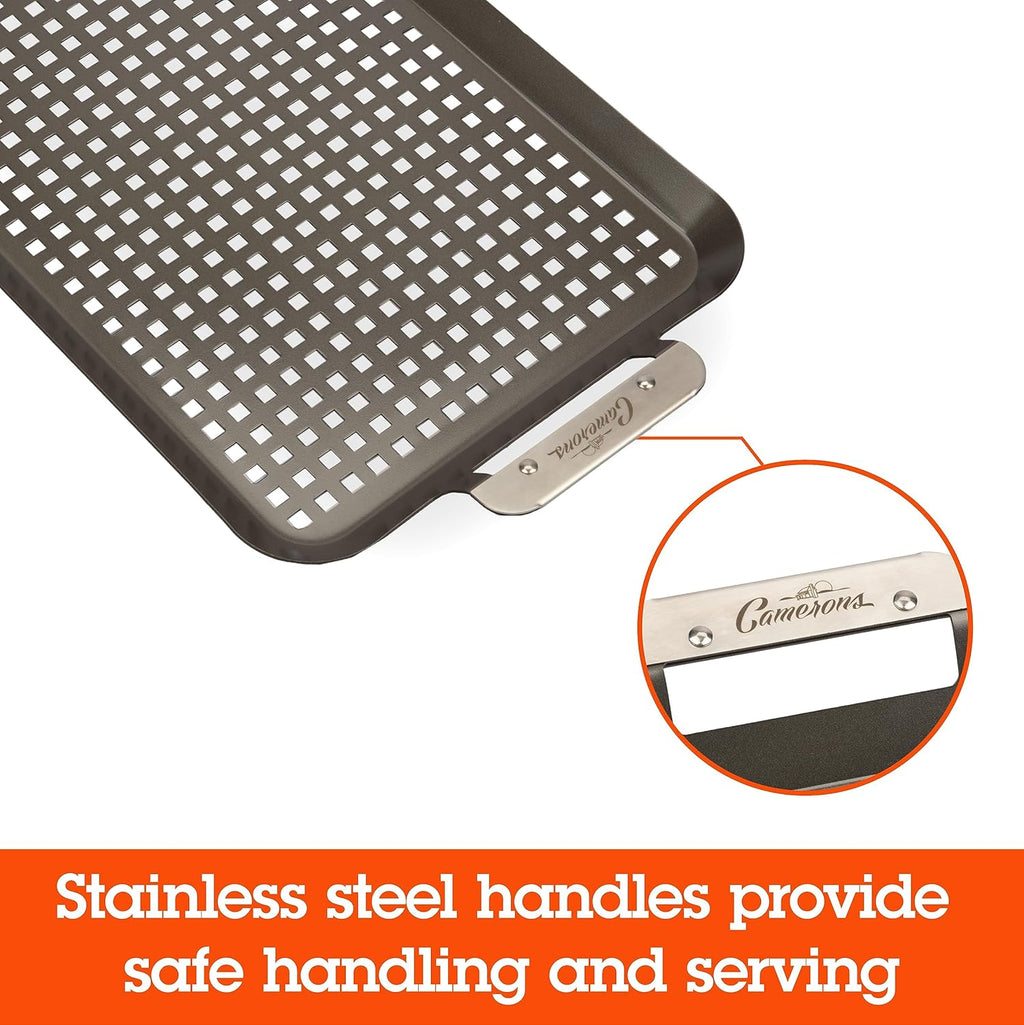 Camerons BBQ Grill Topper Grilling Pans (Set of 2)- Non-Stick Barbecue Trays w Stainless Steel Handles - Indoor Outdoor use for Barbecue & Smoked Meat, Vegetables & Seafood- Grill Gift for Fathers Day