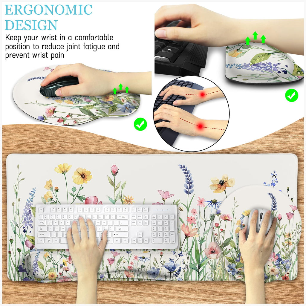 Black Striped Ergonomic Large Desk Mat Set with Wrist Rest