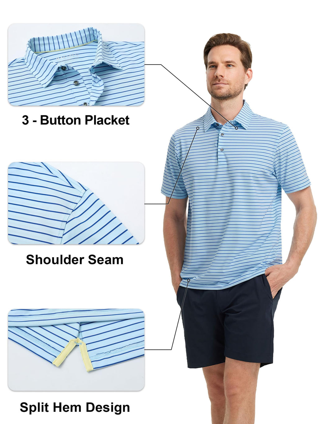 Rouen Mens Polo Shirts Short Sleeve Dry Fit Performance Moisture Wicking Causal Striped Polo Collared Golf Shirts for Men