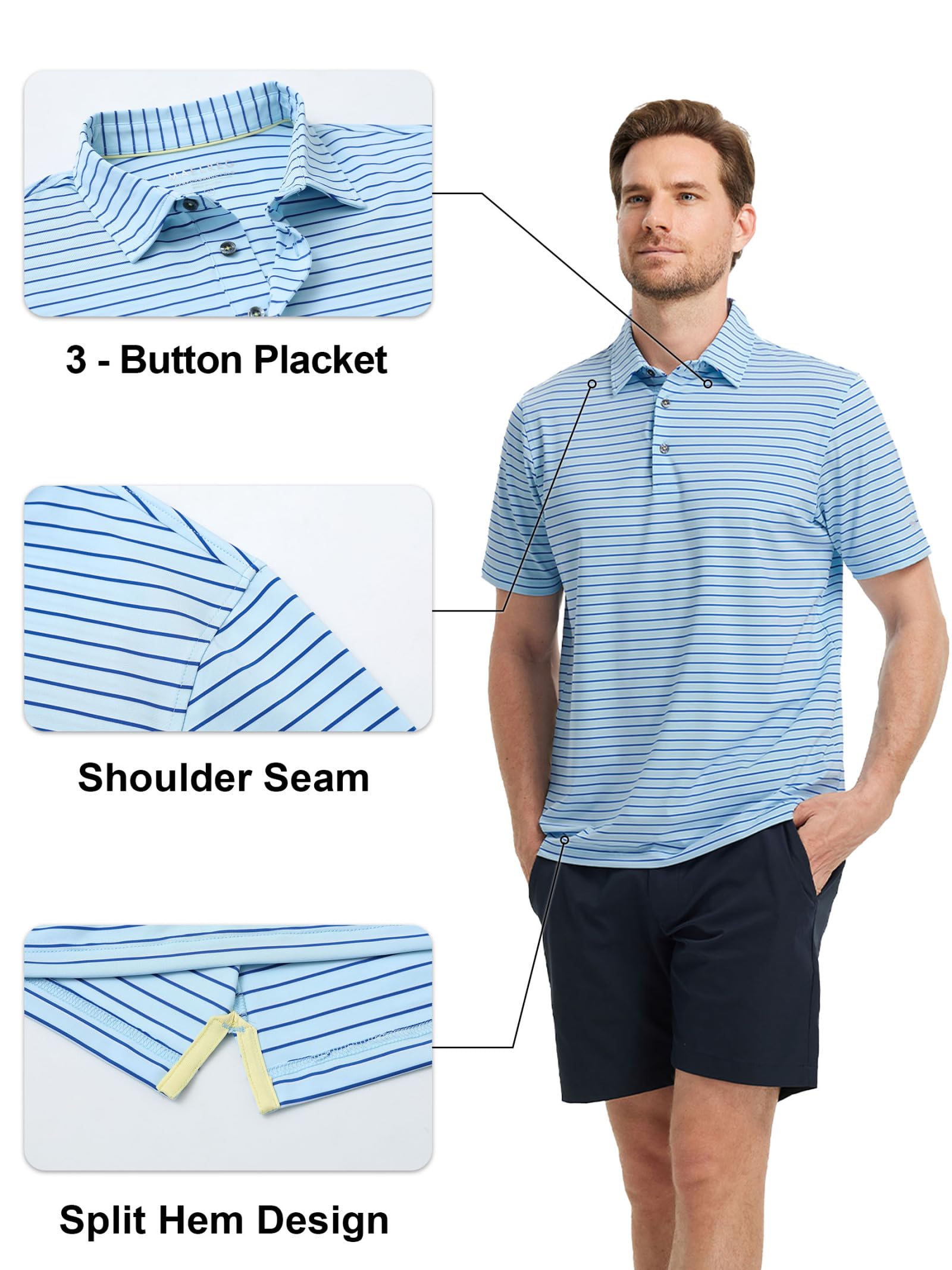 Rouen Mens Polo Shirts Short Sleeve Dry Fit Performance Moisture Wicking Causal Striped Polo Collared Golf Shirts for Men