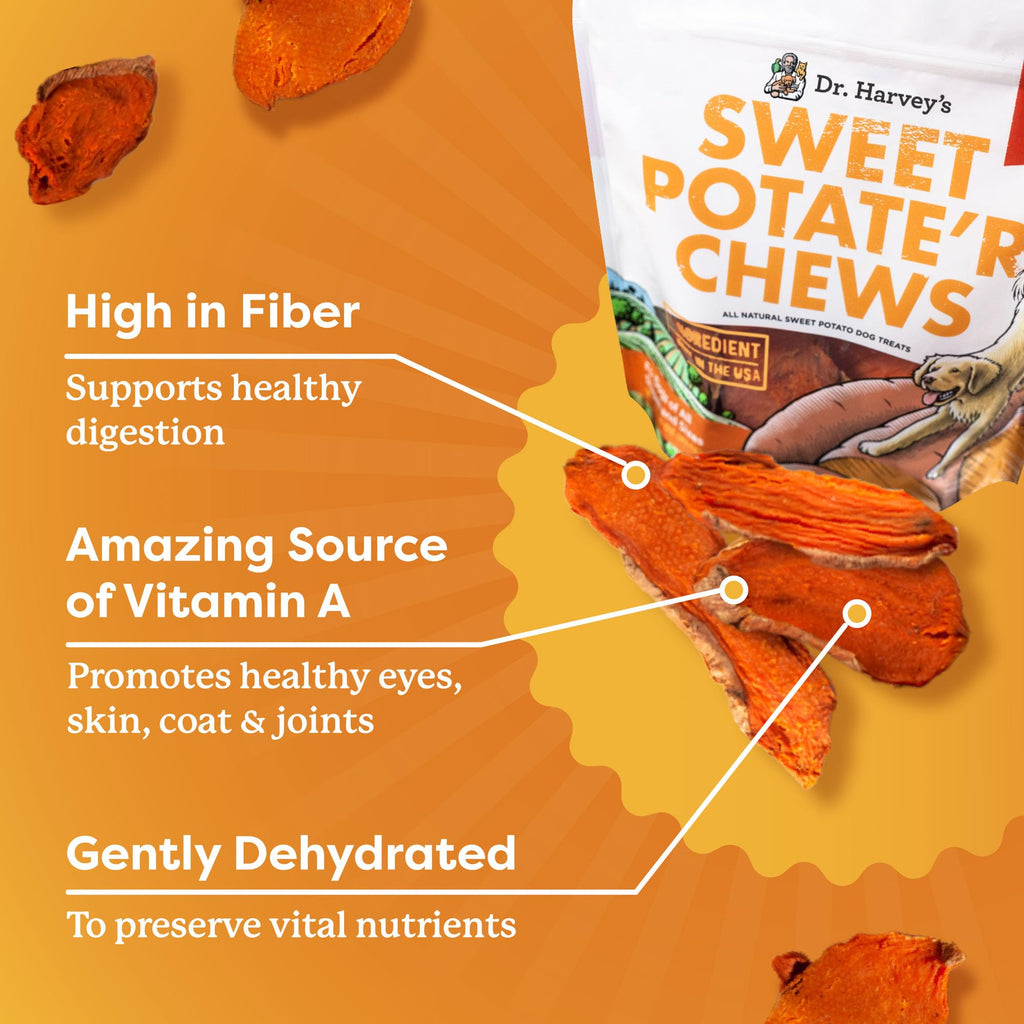 Dr. Harvey's Sweet Potato Chews for Dogs, Dog Treats for Small, Medium, Large Dogs, Natural Dog Snacks for Training, Healthy Teeth, Preventing Bad Breath, and Aggressive Chewers, USA Grown (1 Pound)