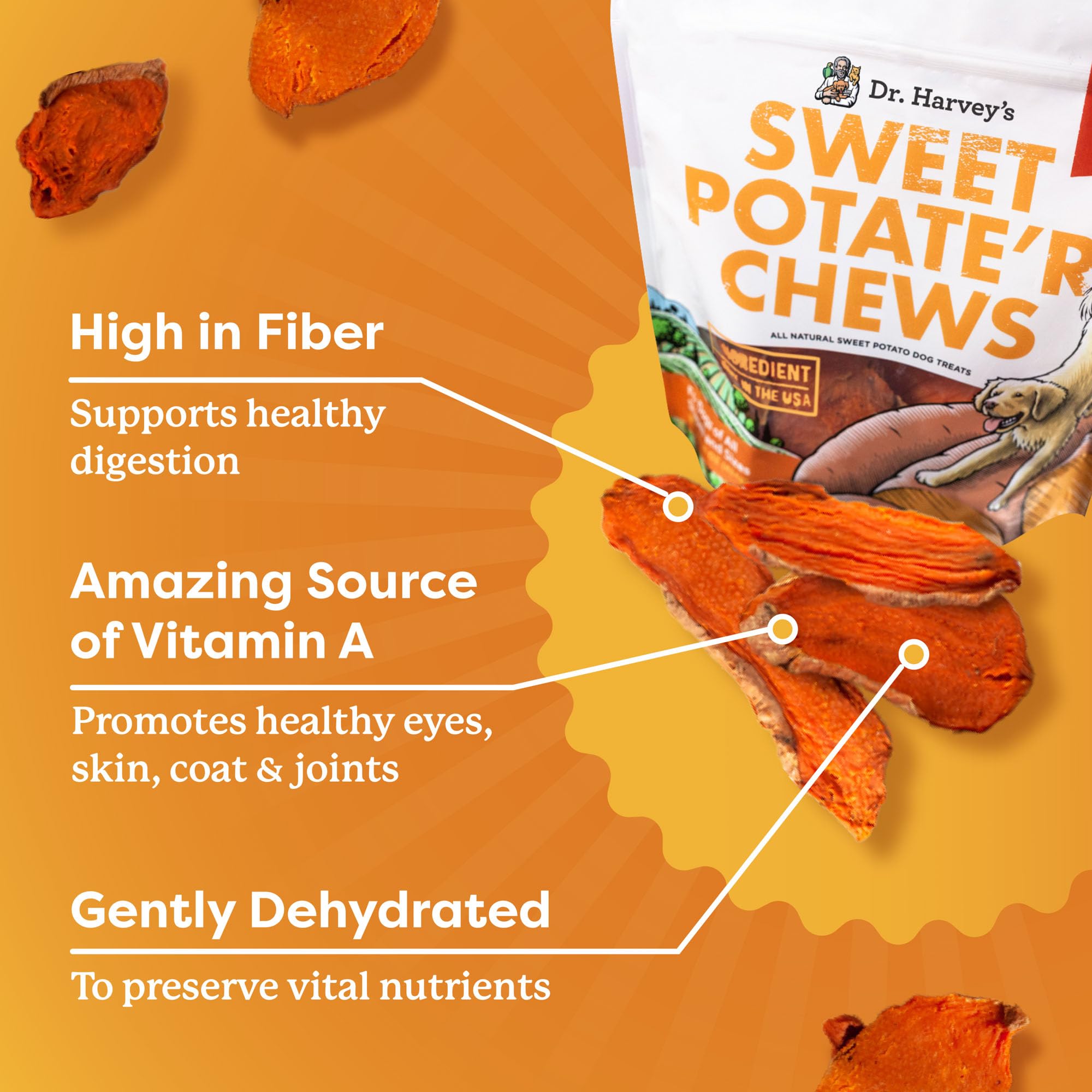 Dr. Harvey's Sweet Potato Chews for Dogs, Dog Treats for Small, Medium, Large Dogs, Natural Dog Snacks for Training, Healthy Teeth, Preventing Bad Breath, and Aggressive Chewers, USA Grown (1 Pound)
