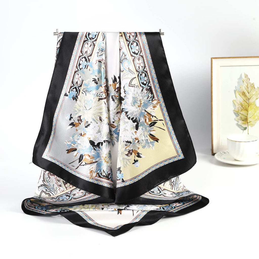 AWAYTR 35” Large Satin Square Head Scarf - 2Pcs Silk Like Floral Head Scarves Square Satin Hair Scarf Bandanas for Women