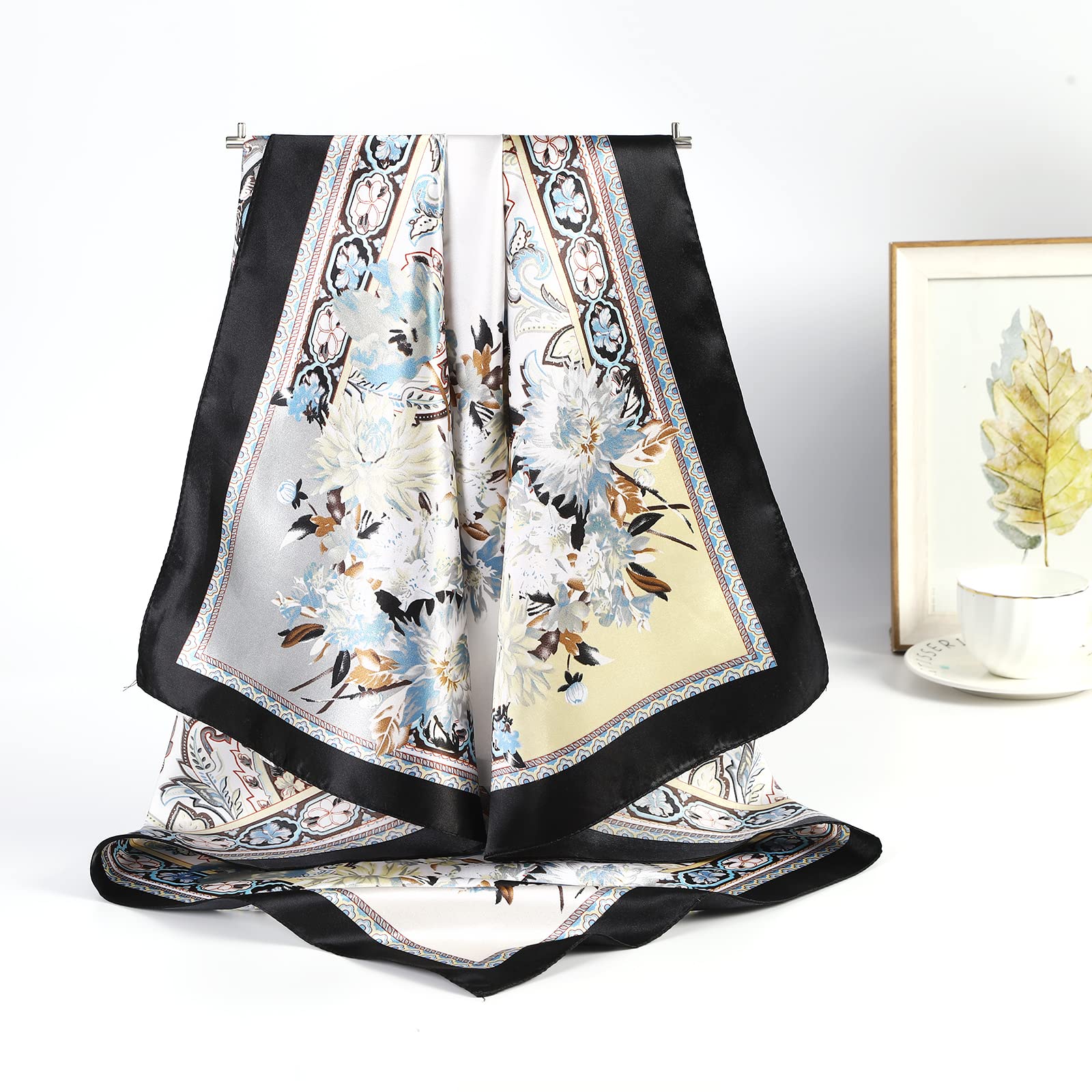 AWAYTR 35” Large Satin Square Head Scarf - 2Pcs Silk Like Floral Head Scarves Square Satin Hair Scarf Bandanas for Women