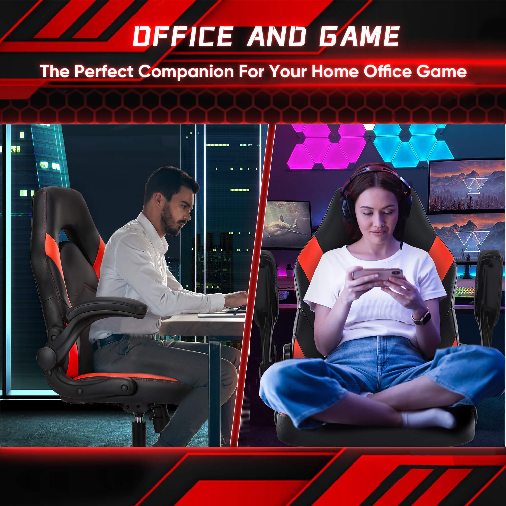 OLIXIS Computer Gaming Desk Chair - Ergonomic Video Game with Comfy Lumbar Support and headrest, PU Leather with Flip-up Arms, Adjustable Height and Swivel Wheels, for Adults, Black