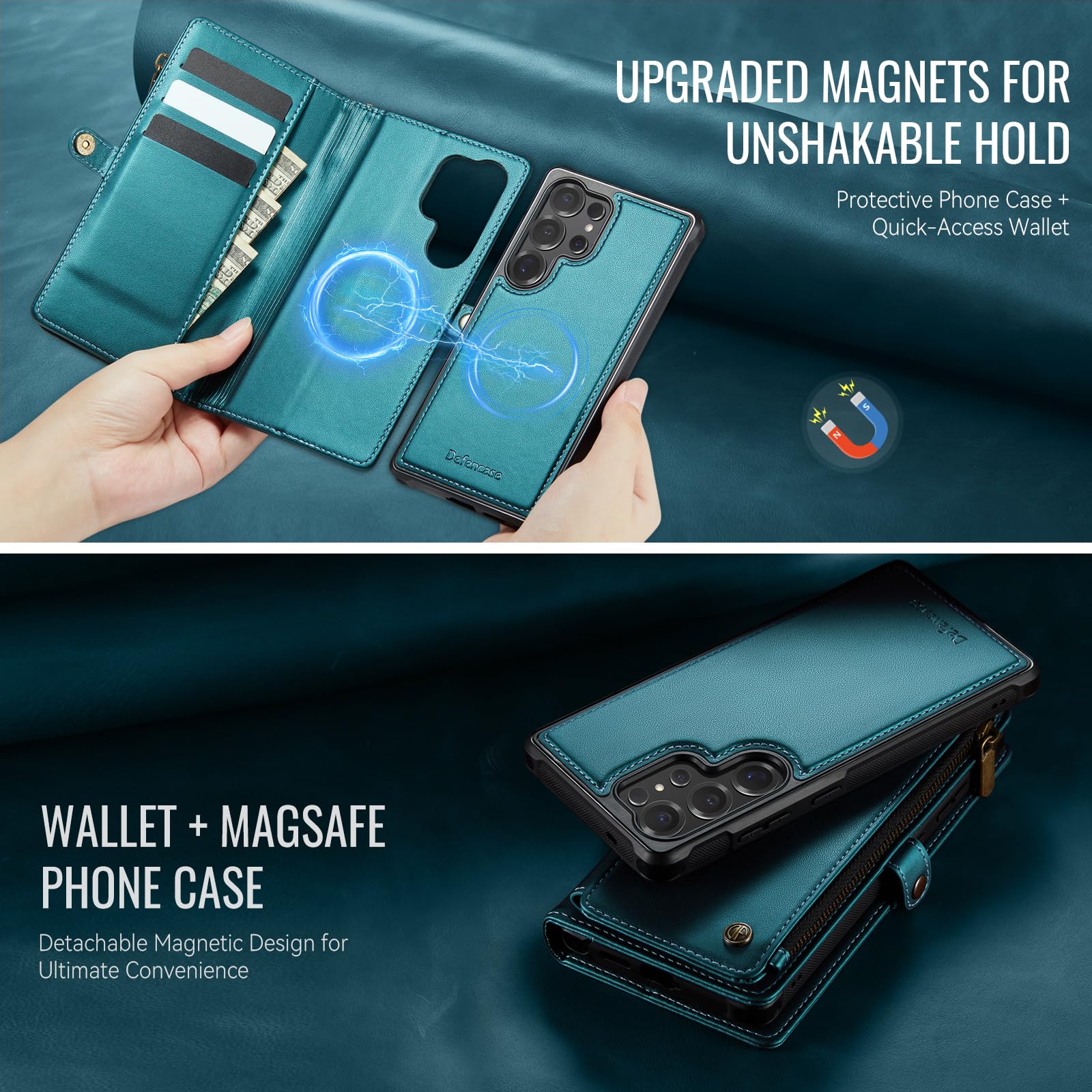Defencase for Samsung Galaxy S25 Ultra Magnetic Wallet Case Compatible with Magsafe with RFID Blocking Zipper & Card Holder Women, PU Leather Detachable Phone Case for Galaxy S25 Ultra 6.9", Black