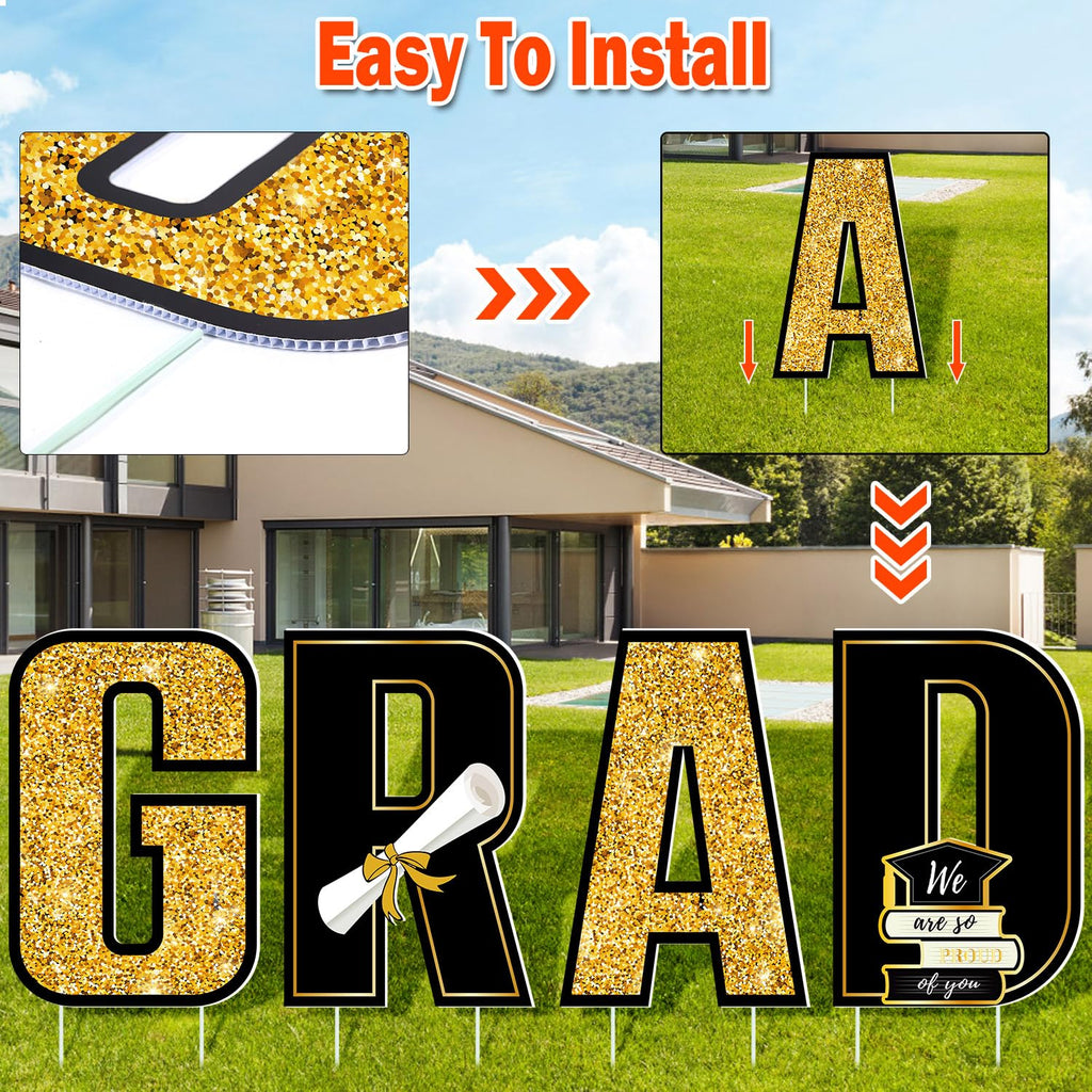 Multiwins 16 PCS Graduation Yard Signs, Black Gold Graduation Yard Signs Class Of 2025, 16 Inches Large Congrats Grad 2025 Yard Signs with Stakes For 2025 Graduation Decorations