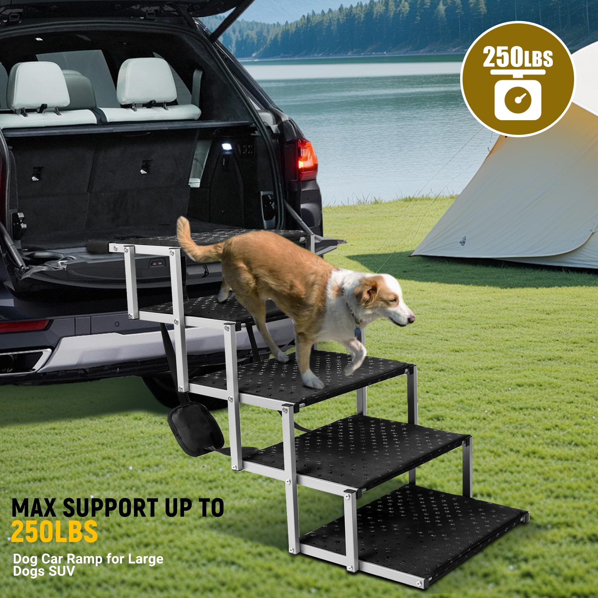 Dog Stairs for Car - Foldable Dog Ramps for Large Dogs with Non Slip Surface, Portable Dog Steps for Cars and SUV, Truck, Support Up to 200 Lbs
