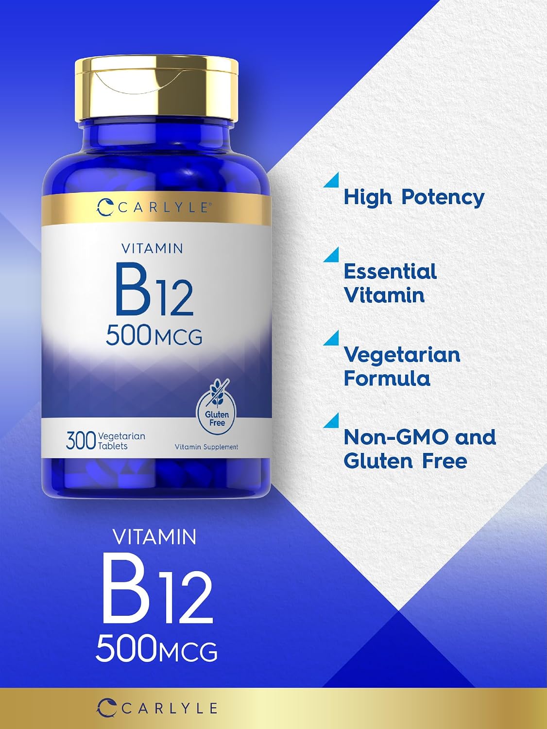 Carlyle Vitamin B-12 500mcg | 300 Tablets | Vegetarian, Non-GMO, Gluten Free Supplement