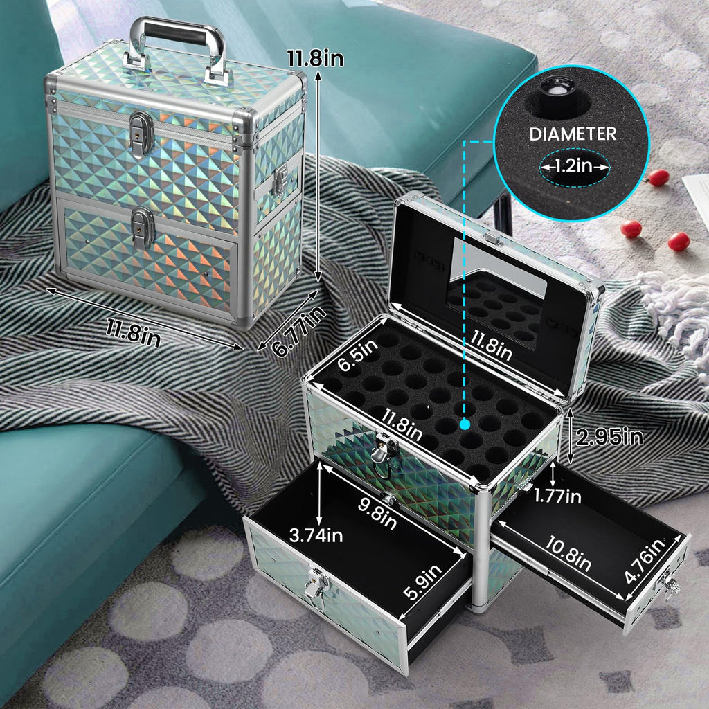 Frenessa Nail Polish Makeup Train Case with Drawer and Dividers Manicure Organizer Accessory Storage Makeup Box With Mirror Lockable Keys Nail Kit Organizer Cosmetic Case Jewelry Box - Black