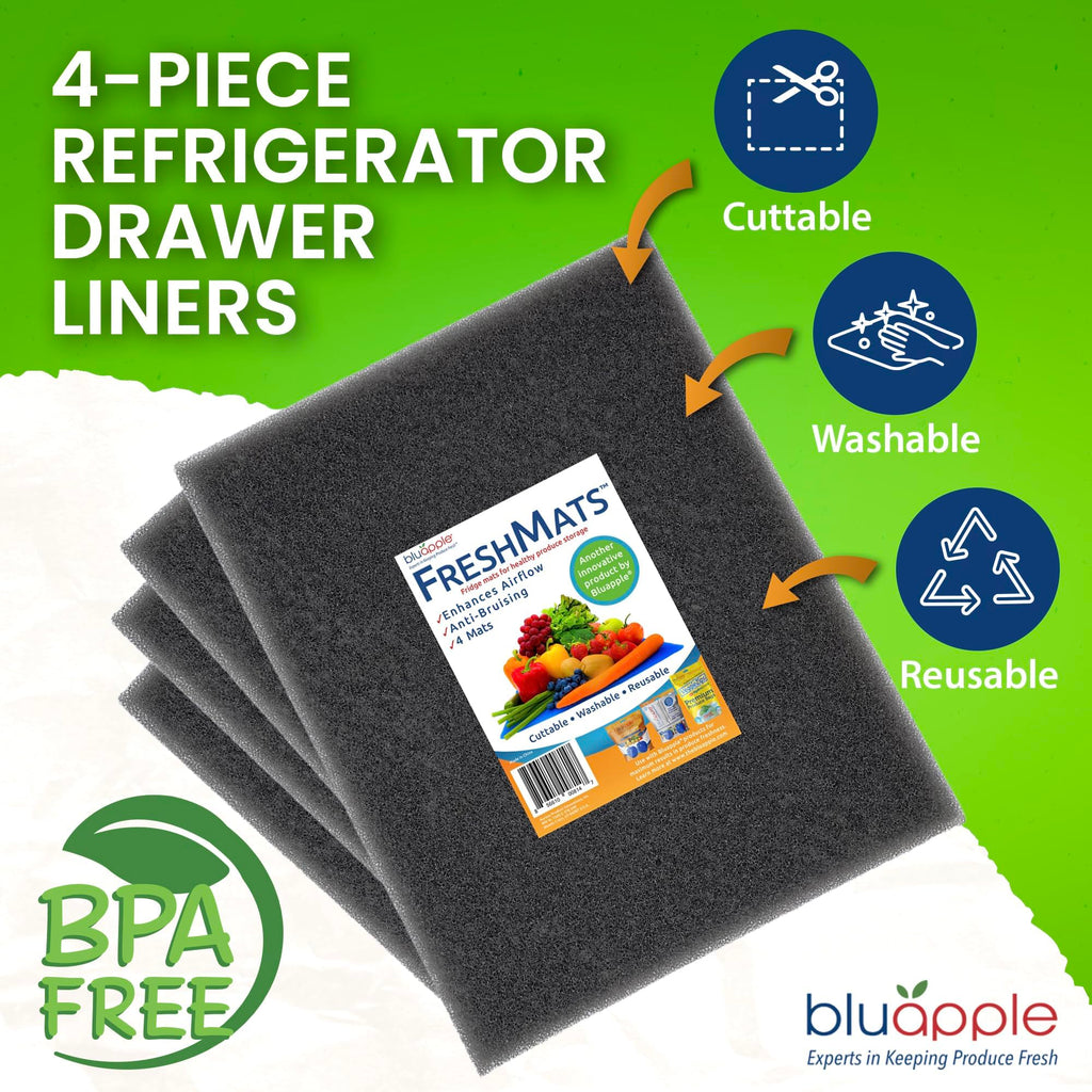 Bluapple FreshMats, Refrigerator Bin Liner, Fridge Drawer Mats, Crisper Life Extender Liner Keeps Produce Fresh Longer, Anti-Bruising, for Air Circulation, Washable & Reusable (4-Mats, 12x15, Black)
