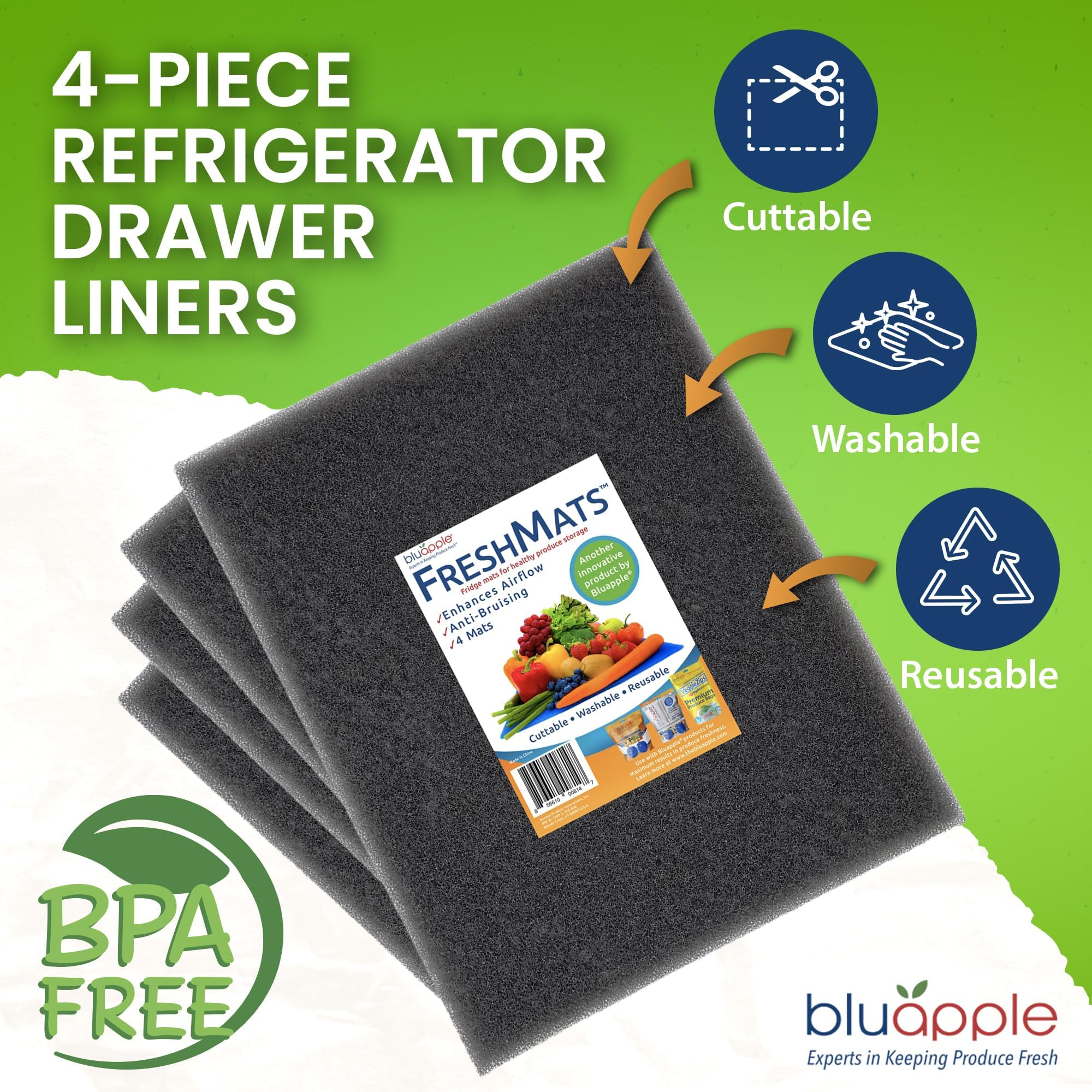Bluapple FreshMats, Refrigerator Bin Liner, Fridge Drawer Mats, Crisper Life Extender Liner Keeps Produce Fresh Longer, Anti-Bruising, for Air Circulation, Washable & Reusable (4-Mats, 12x15, Black)