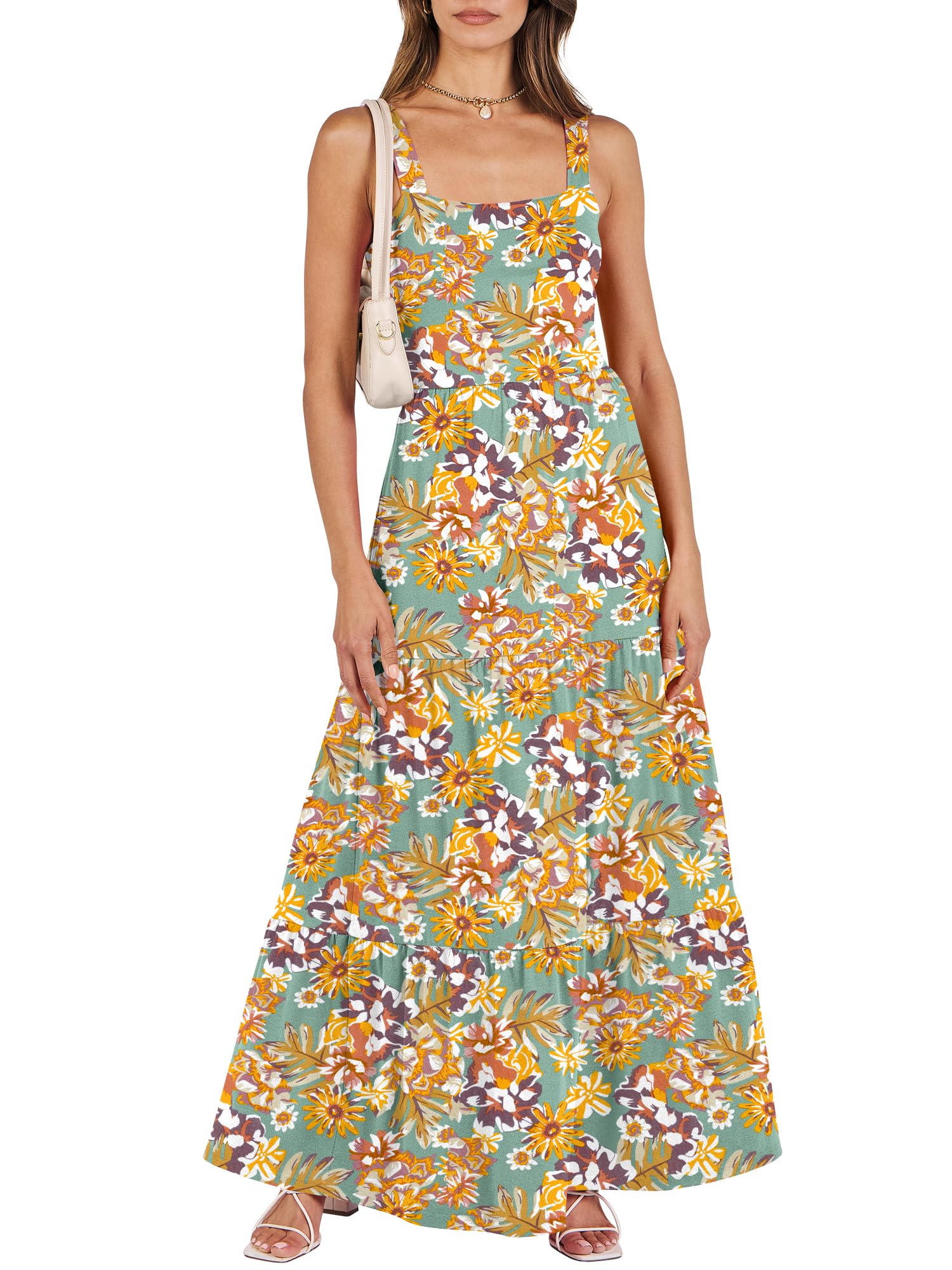 ANRABESS Women's Summer Casual Long Maxi Beach Vacation Dresses Sleeveless Square Neck Flowy Tiered Sun Dress with Pockets
