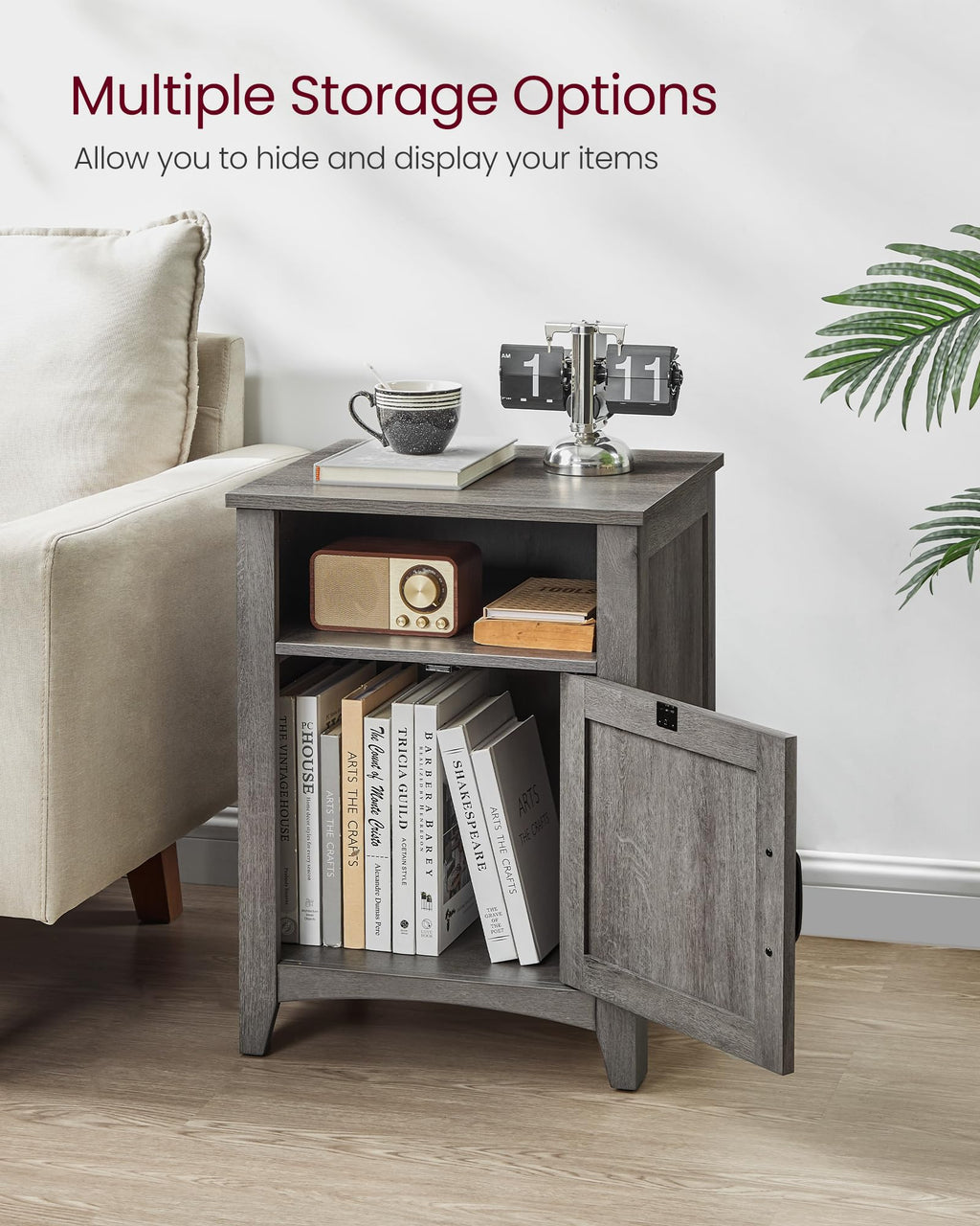 VASAGLE LIRY Collection - Farmhouse Nightstand with Barn Door, Bedside Table with Storage, Side End Table, Night Stand, Open Compartment, for Bedroom, Misty Gray ULET609G68
