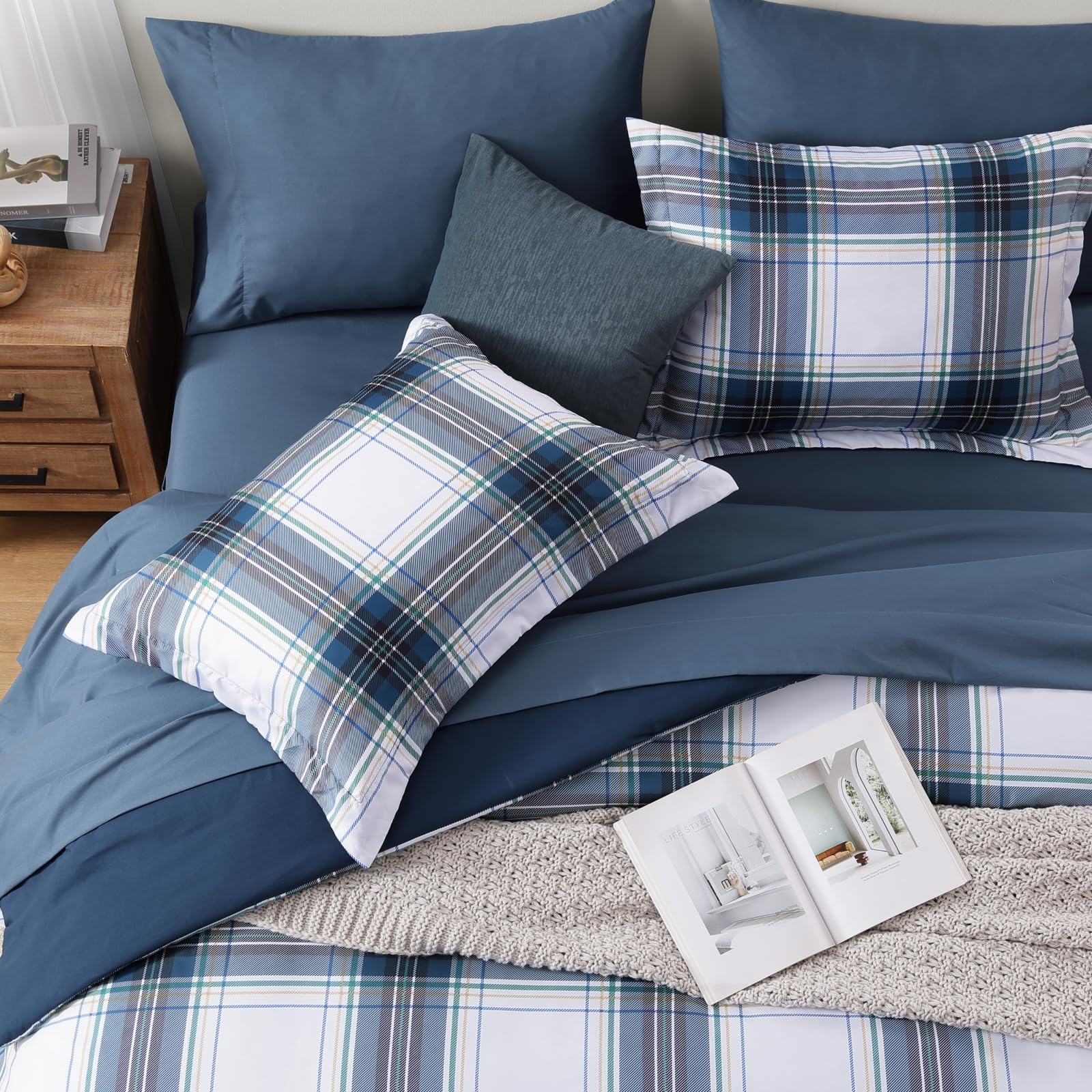 MaiRêve Queen Comforter Set, Classic Plaid Farmhouse Bedding Sets 7 Pieces, Beige All Season Bed in A Bag with Sheets, Pillowcases & Shams
