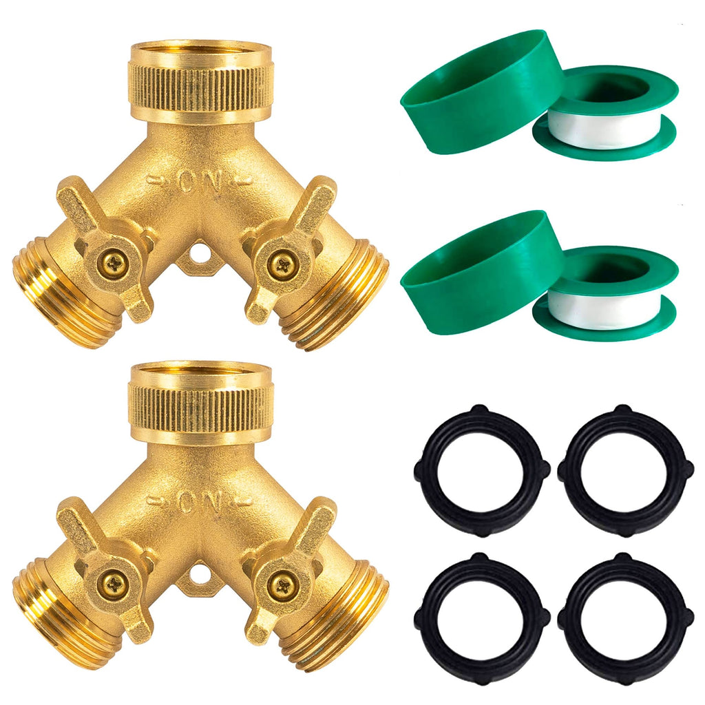 Hourleey Brass Garden Hose Splitter (2 Way), Solid Brass Hose Y Splitter 2 Valves with 2 Extra Rubber Washers (Brass)