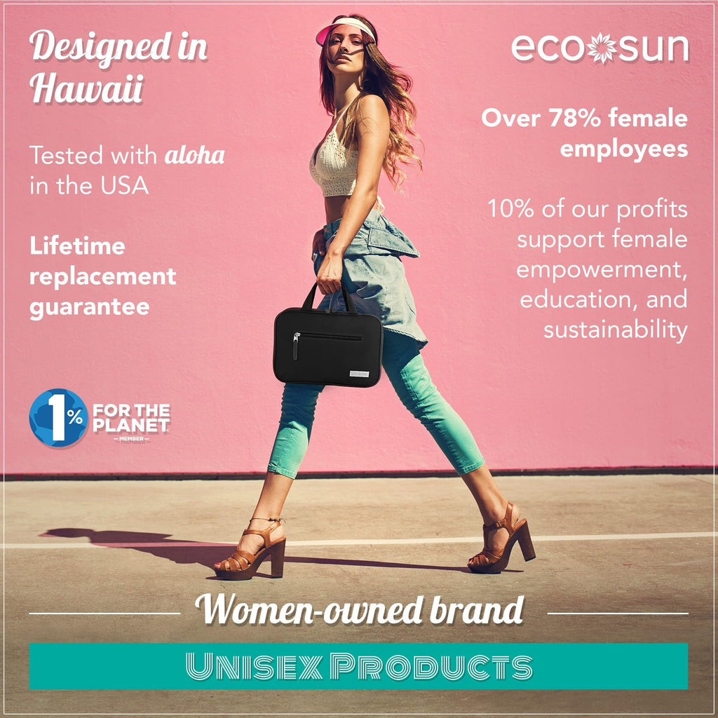 Eco Sun Hanging Travel Toiletry Bag — Designed in Hawaii — Water-resistant Travel Organizer for Bathroom Accessories (Black)