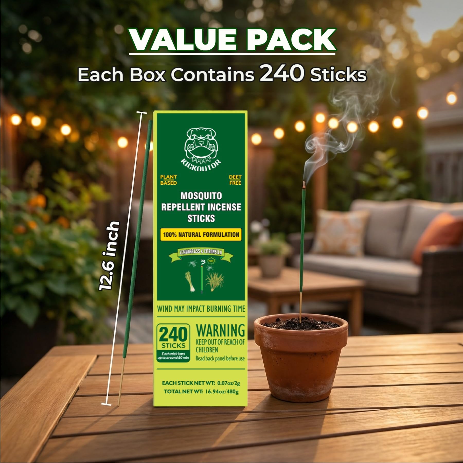 KICKOUTOR Mosquito Repellent Incense Sticks with Natural Citronella Oil, 120 Count DEET-Free Outdoor Protection for Patios, Backyard Gatherings & Camping, Up to 1 Hour Against Gnats & No-See-Ums
