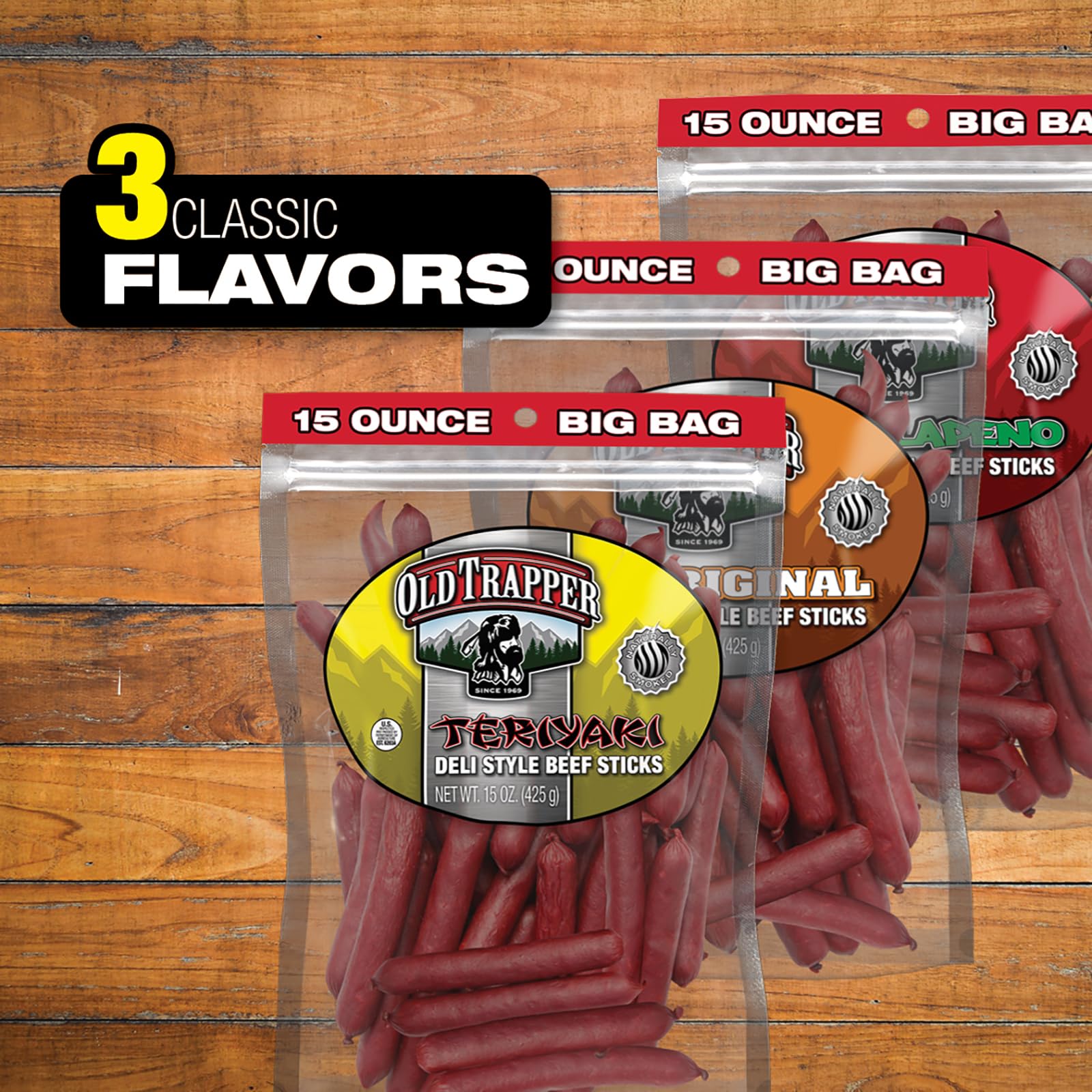 Old Trapper Deli-Style Beef Sticks, Jalapeño Flavor, 15-Ounce Package, Spicy Beef Sticks, Six Grams of Protein and Zero Grams of Sugar per Serving (Pack of One)