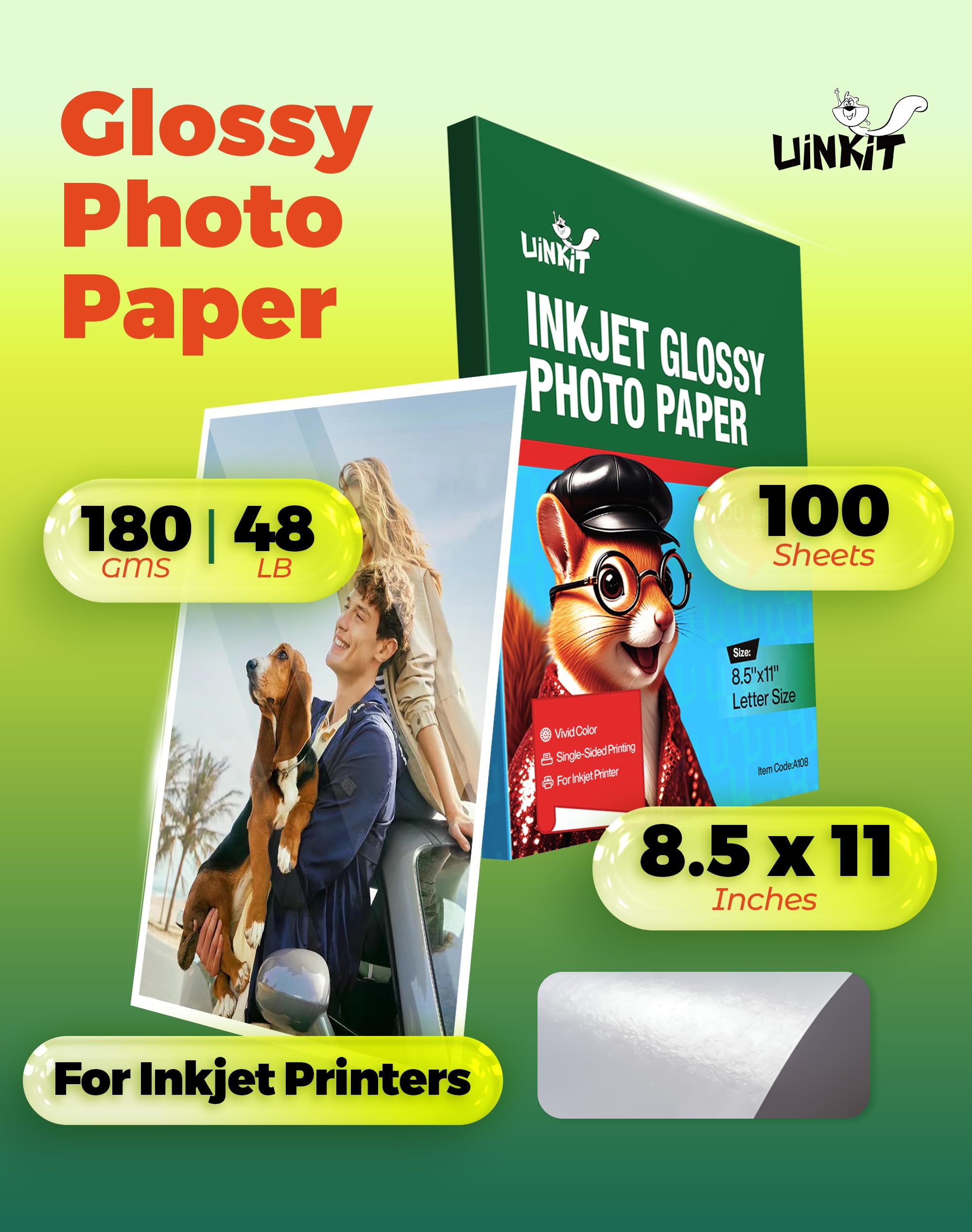 Uinkit Premium Glossy Inkjet Photo Paper - 4x6 Inch, 48lb 180gsm, 100 Sheets - Professional Photographic Quality, Dye Ink Compatible, High-Gloss Finish for Vivid Memories & Instant Prints