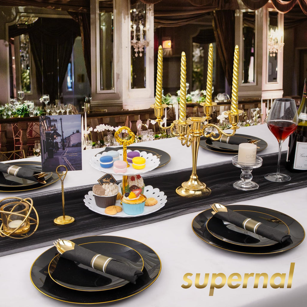 Supernal 60 Pack Pre Rolled Gold Plastic Silverware with Black Napkins - Heavy Duty Pre Wrapped Gold Cutlery Set Disposable - Elegant Plastic Forks, Spoons & Knives for Weddings, Parties, Catering