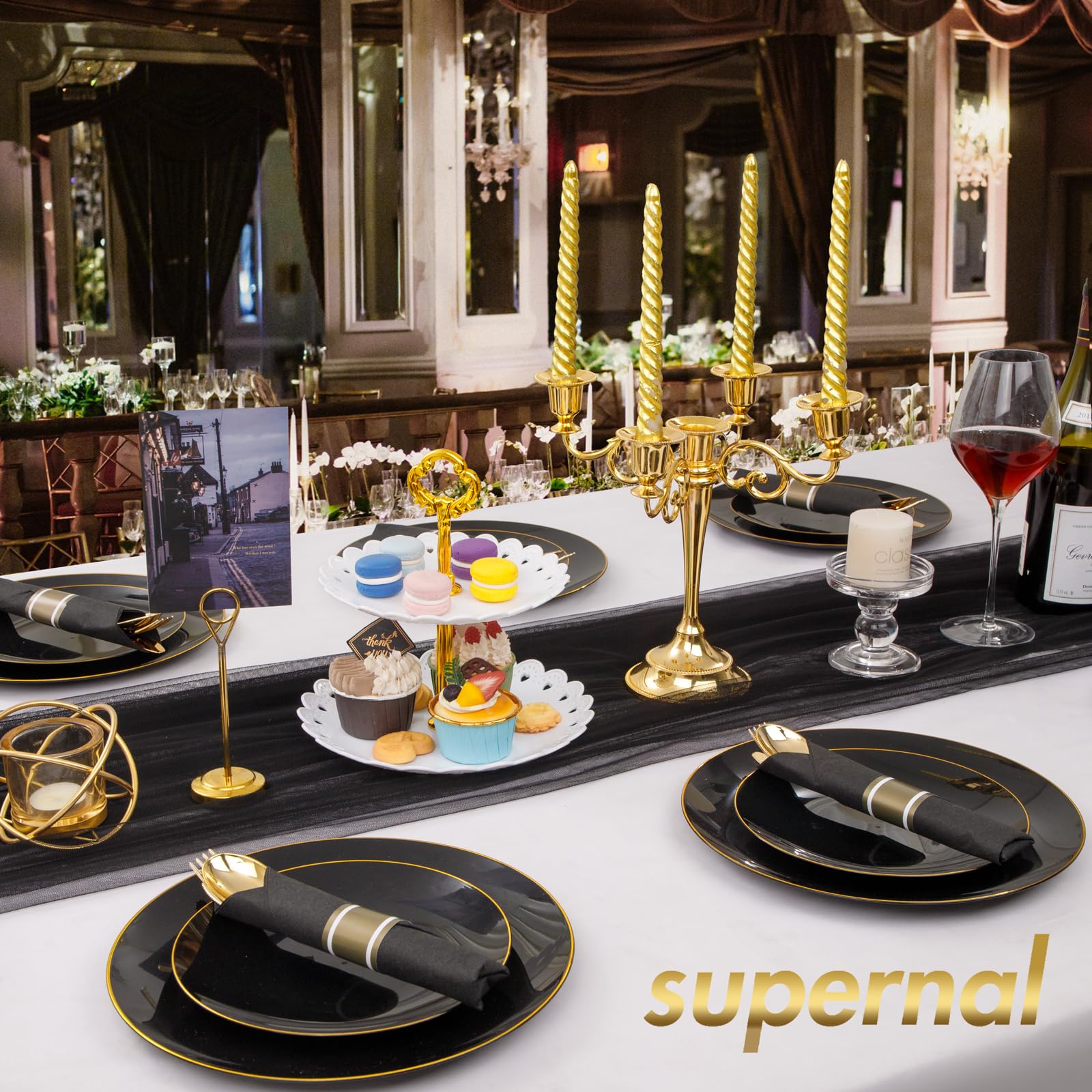 Supernal 60 Pack Pre Rolled Gold Plastic Silverware with Black Napkins - Heavy Duty Pre Wrapped Gold Cutlery Set Disposable - Elegant Plastic Forks, Spoons & Knives for Weddings, Parties, Catering