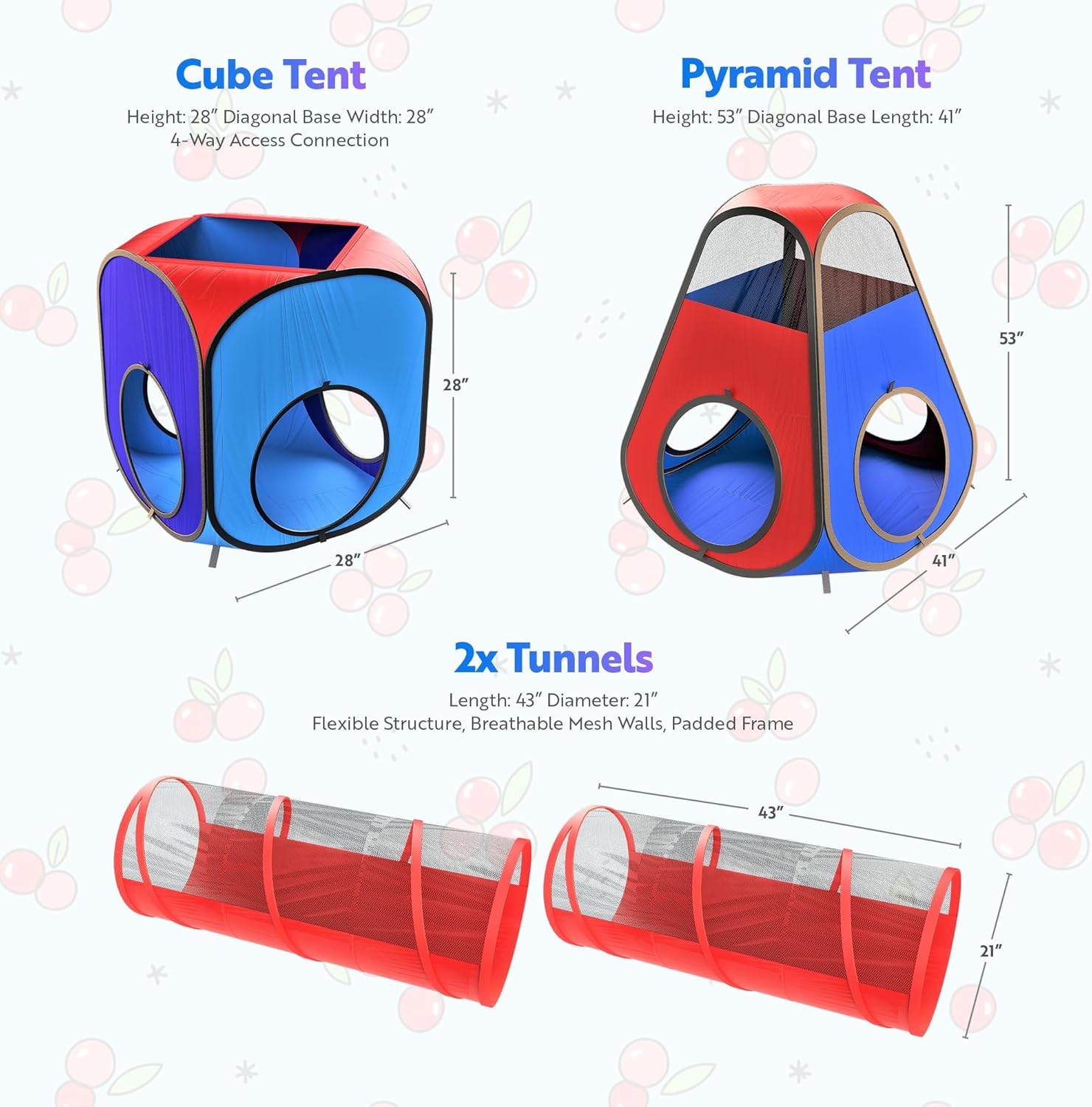 Playz 4pc Pop Up Play Tent and Tunnel Bundle for Toddlers and Kids - Indoor & Outdoor Playhouse with Storage Bag, Red & Blue