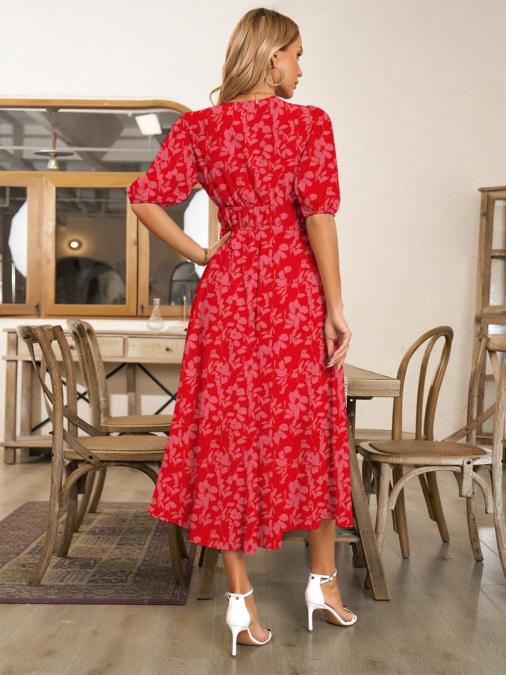UEAL Womens Floral Flowy Wrap V Neck Midi Dress Short Sleeve Elastic Waist Casual Spring Summer Dresses for Women 2025