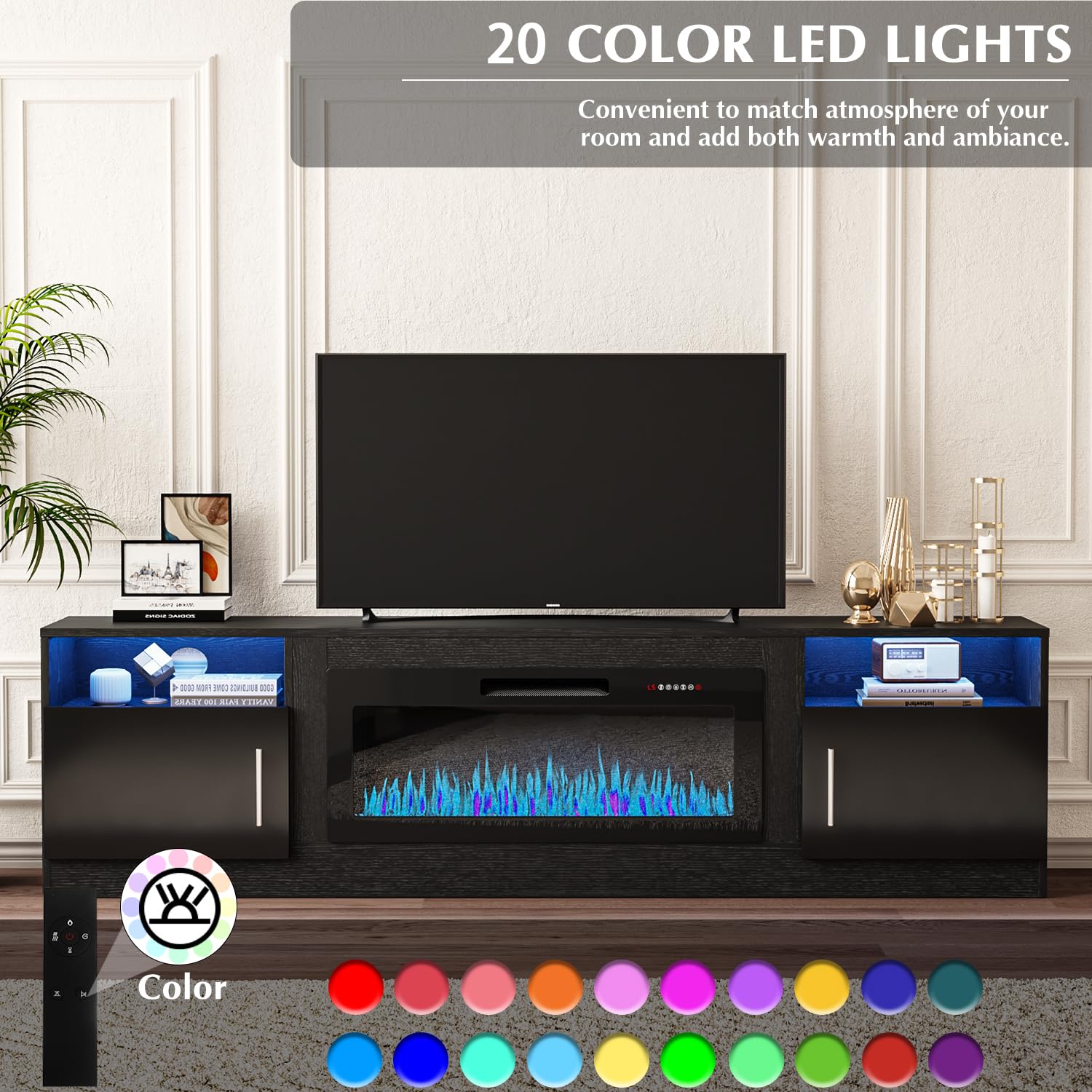 VITESSE 58 Inches Fireplace TV Stand for TVs up to 65 Inches Console with 18'' Electric Fireplace & Remote,Wooden Modern Entertainment Center for Living Room with LED Light Glass Shelves（Bei）