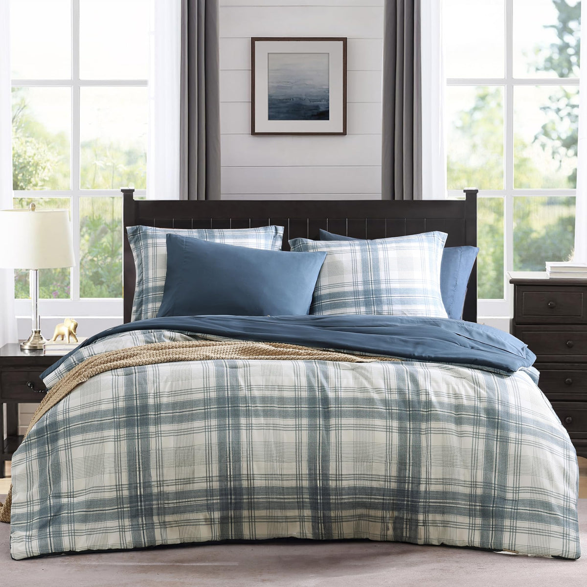 MaiRêve Queen Comforter Set, Classic Plaid Farmhouse Bedding Sets 7 Pieces, Beige All Season Bed in A Bag with Sheets, Pillowcases & Shams