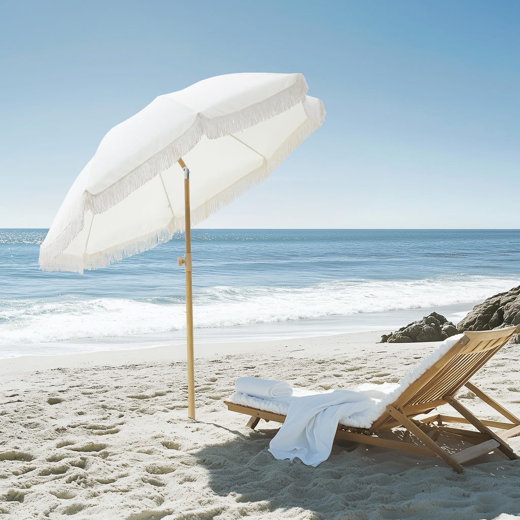 6.5FT Boho Patio Umberlla with Fringe,UPF50+ Outdoor Umbrella with Fiberglass Ribs and Push Button Tilt,Tassels Umbrella for Beach,Terrace,Picnic