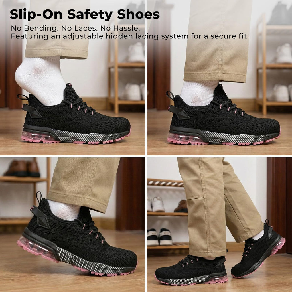 SPIEZ Safety Shoes for Women, Composite Toe Work Shoes with Air Cushioned Comfort, Lightweight Puncture Proof Safety Sneakers for Work and Daily Wear, Black Pink/Purple US4.5–10