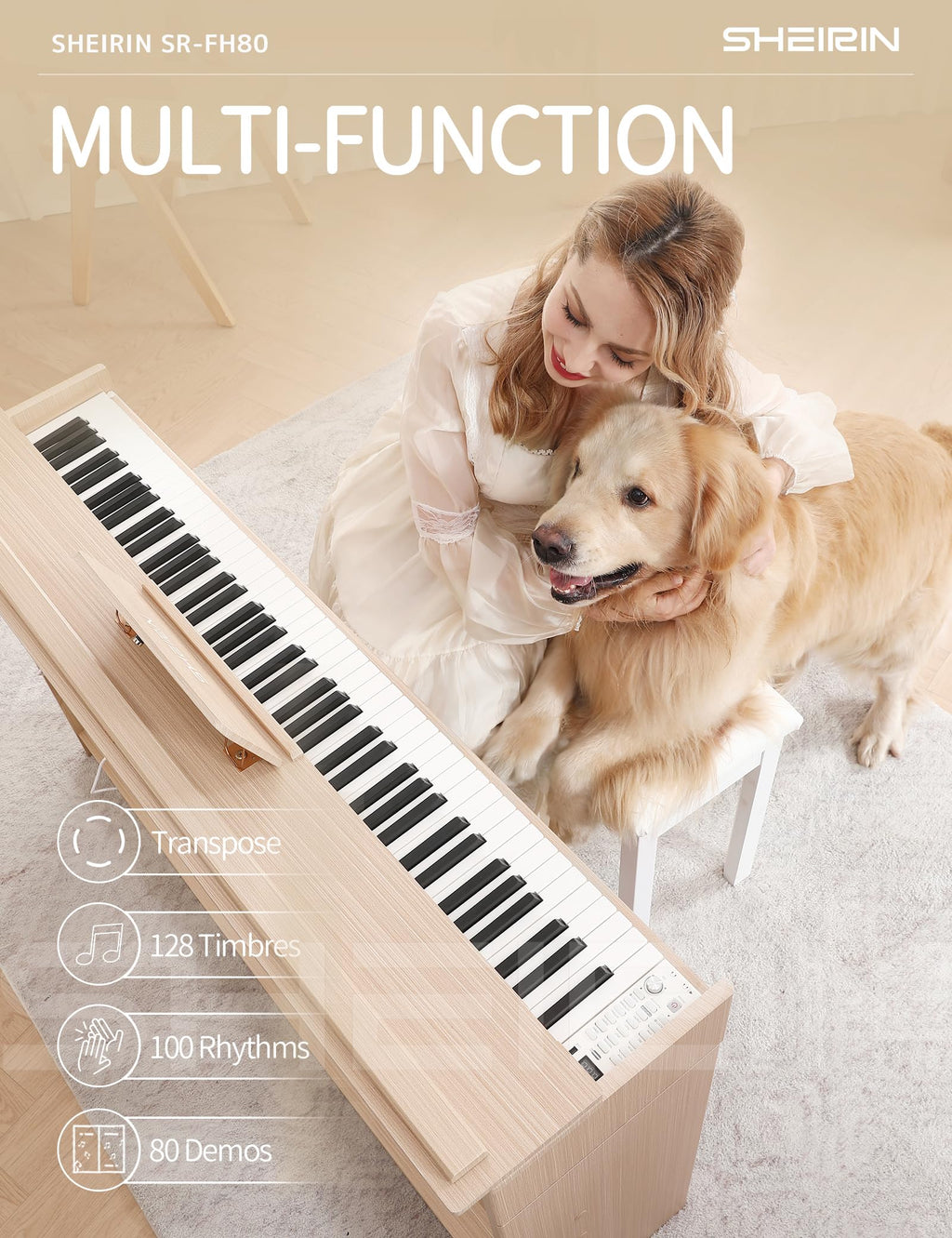 Digital Piano Hammer Action Keyboard 88 Keys Upright Acoustic Electric Weighted Piano Beginner MIDI Cover Full Size Sustain Pedal Stand Real Professional SR-FH80 (Beige Full Cover)