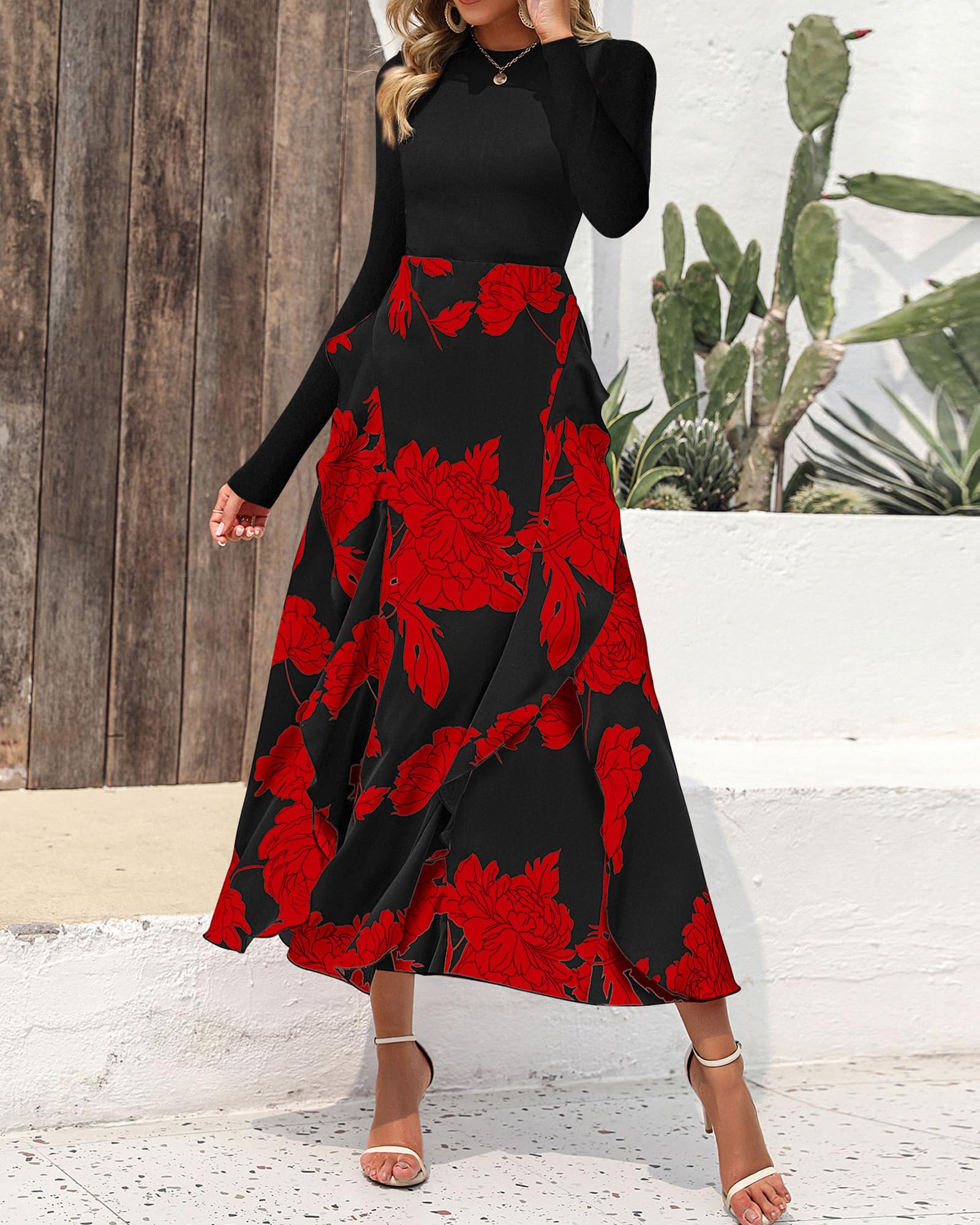 BTFBM Womens Floral Maxi Dress Fall 2025 Casual Crewneck Long Sleeve Ruffle Flowy Cocktail Wedding Guest Dresses