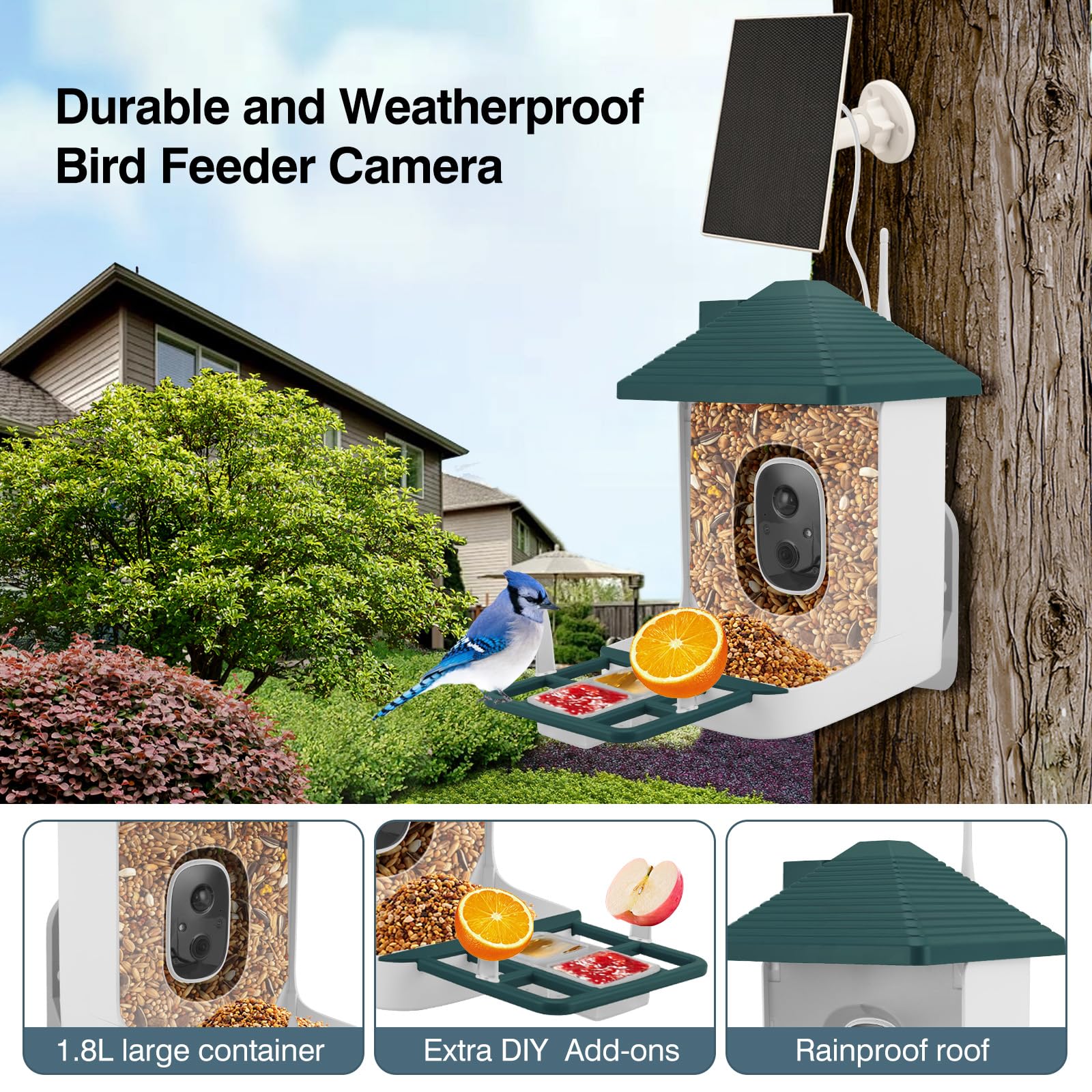 Smart Bird Feeder with Camera,AI Identify Species,Bird House with Solar Powered,Instant Arrival Alerts,2K Capture Video,Live View for Lover (Blackish Green)